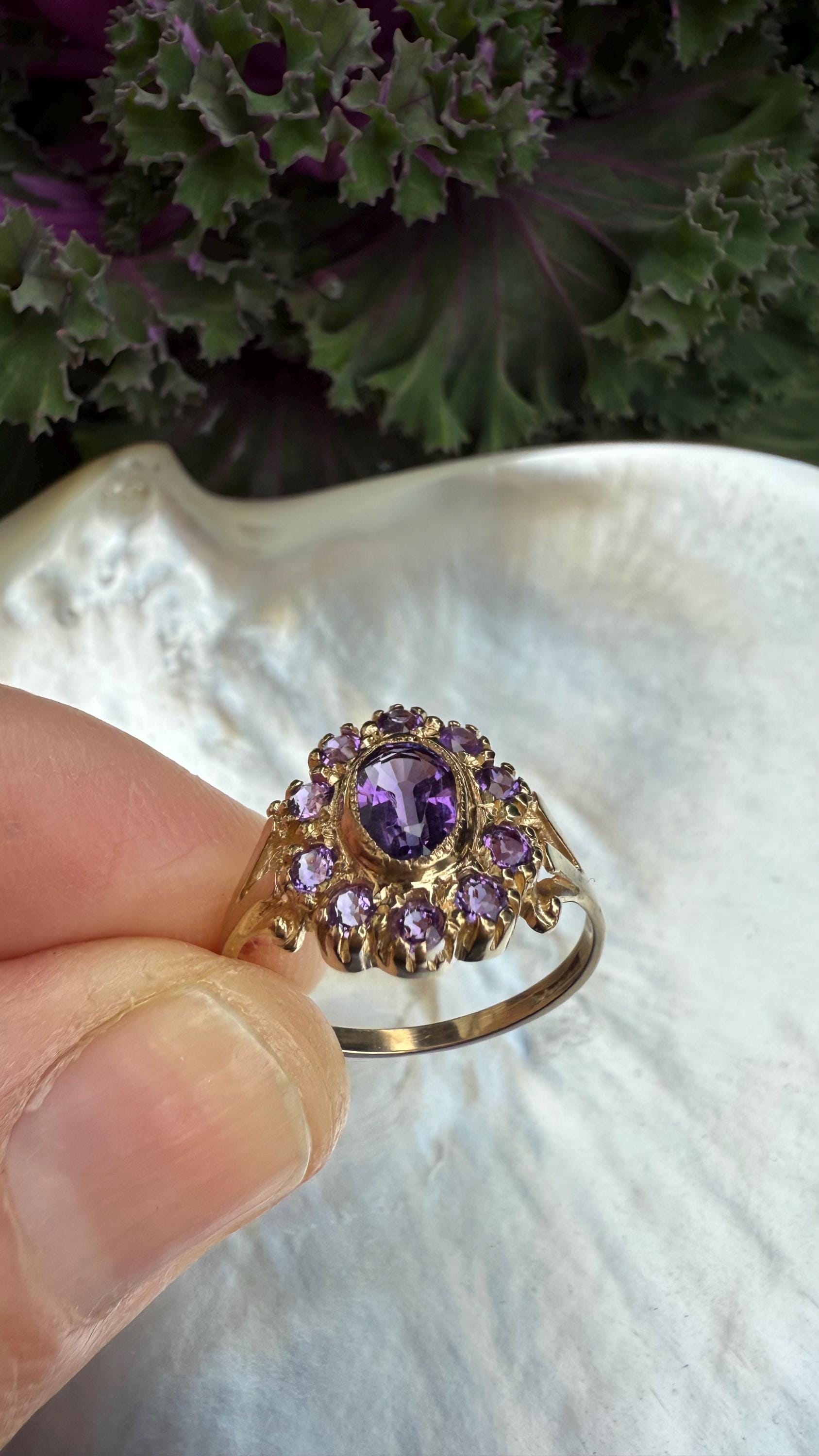Vintage Amethyst Cluster Ring from England, 9K Gold; Size 8 1/4