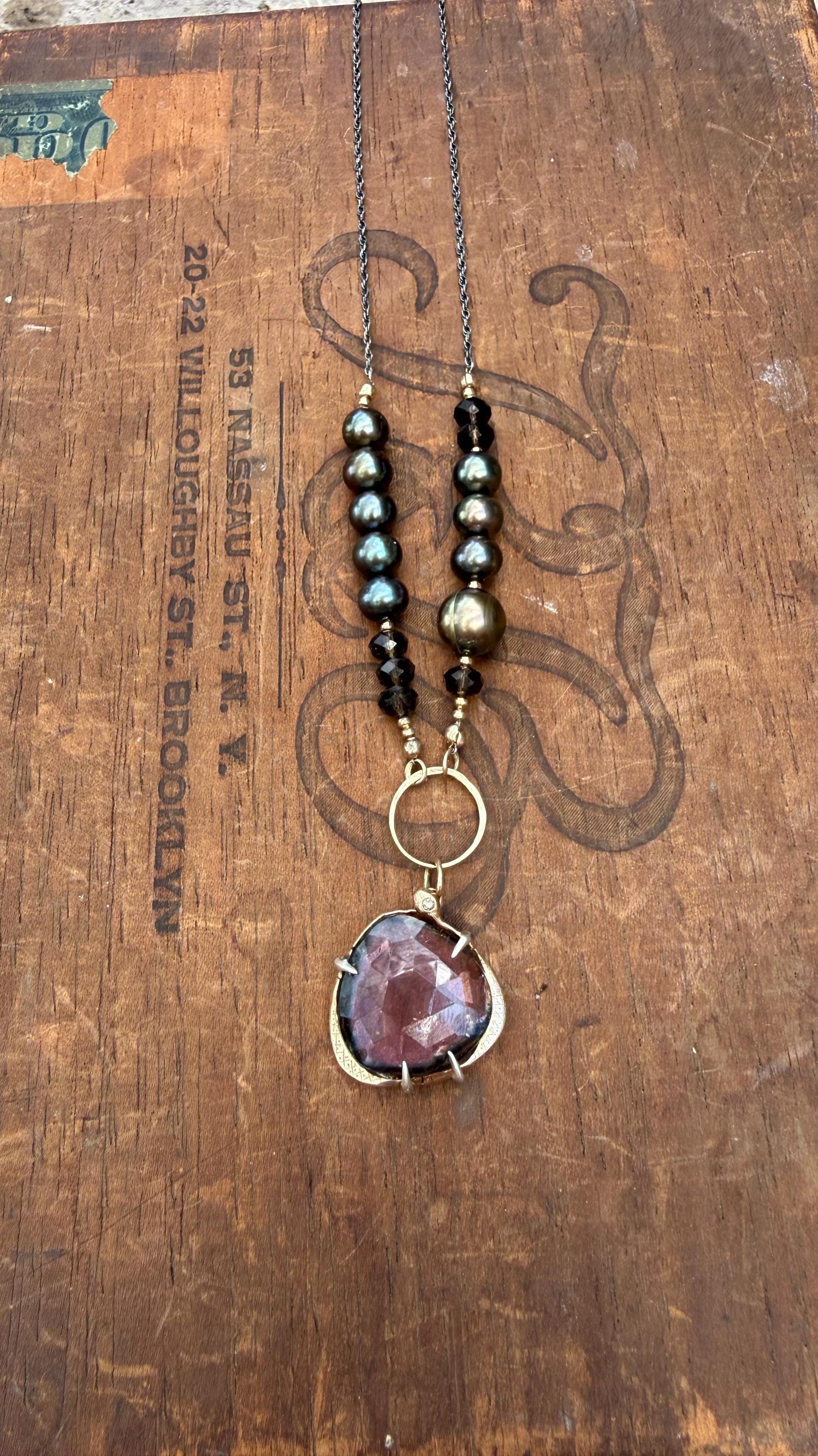 Watermelon Tourmaline Snake Necklace: 14k Gold, Diamond, Pearls, Smoky Topaz