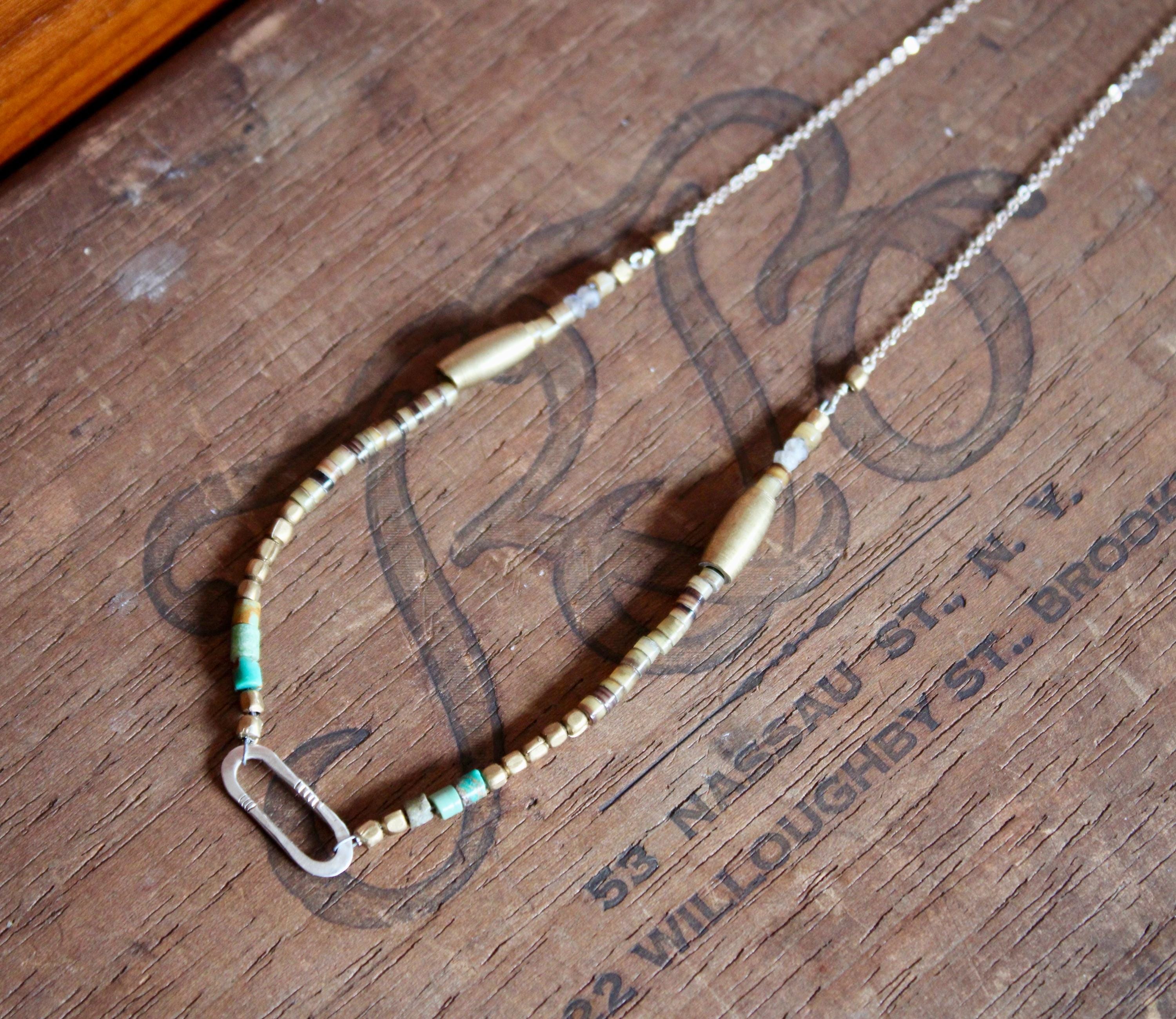 Gypsy Necklace with Turquoise, Shell, Labradorite & Brass Beads with Hand Formed S. Silver Link, 18” Silver chain