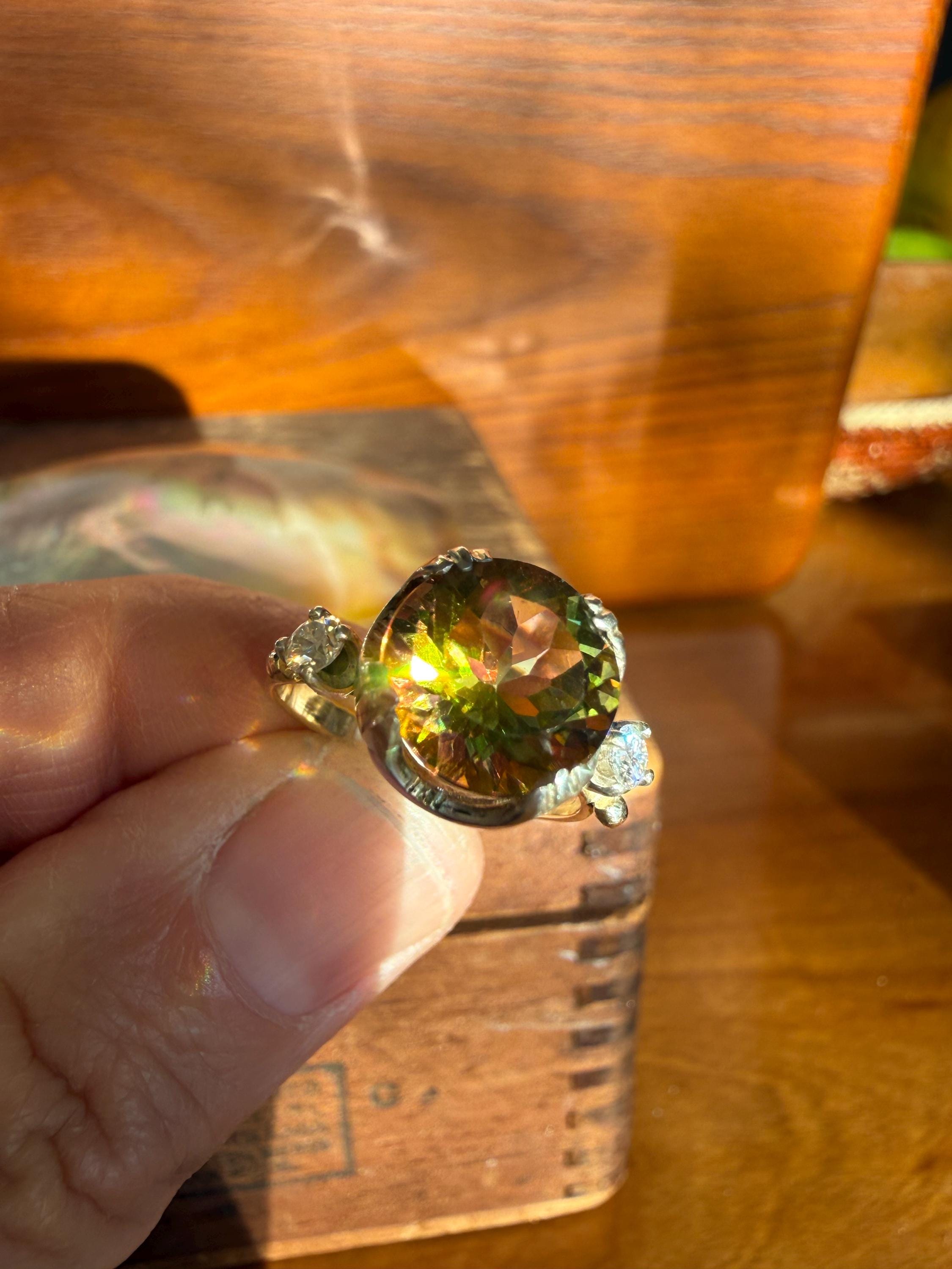 4 Carat Treasure Cave Mystic Topaz from Brazil, Flanked with Moissanite Diamonds, 14k Gold Vintage Band, size 6.5