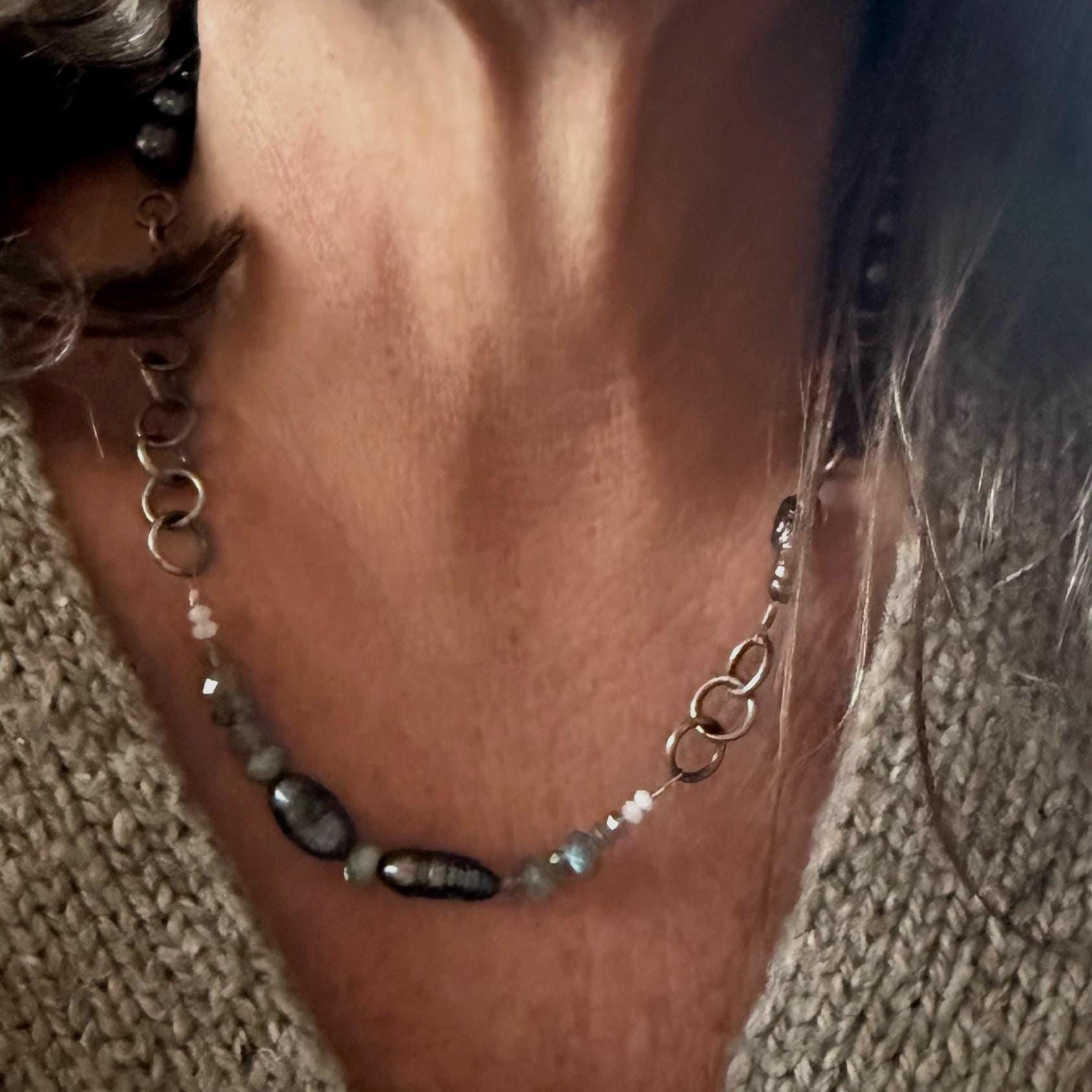 Asymmetrical Tahitian Black Pearl Necklace: Labradorite Moonstone, Hand-Forged Sterling Silver (18.5”)