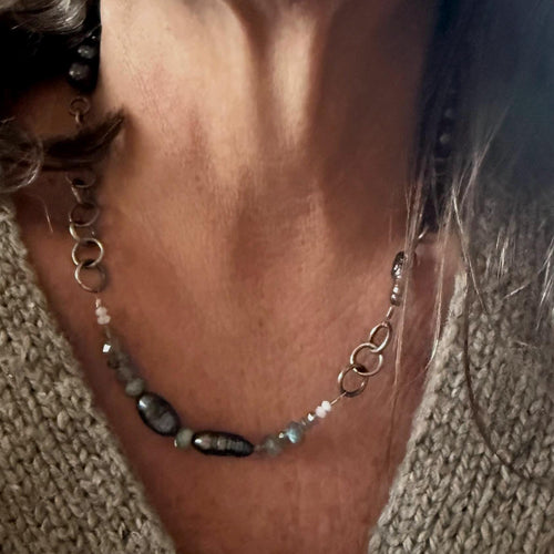 Asymmetrical Tahitian Black Pearl Necklace: Labradorite Moonstone, Hand-Forged Sterling Silver (18.5”)