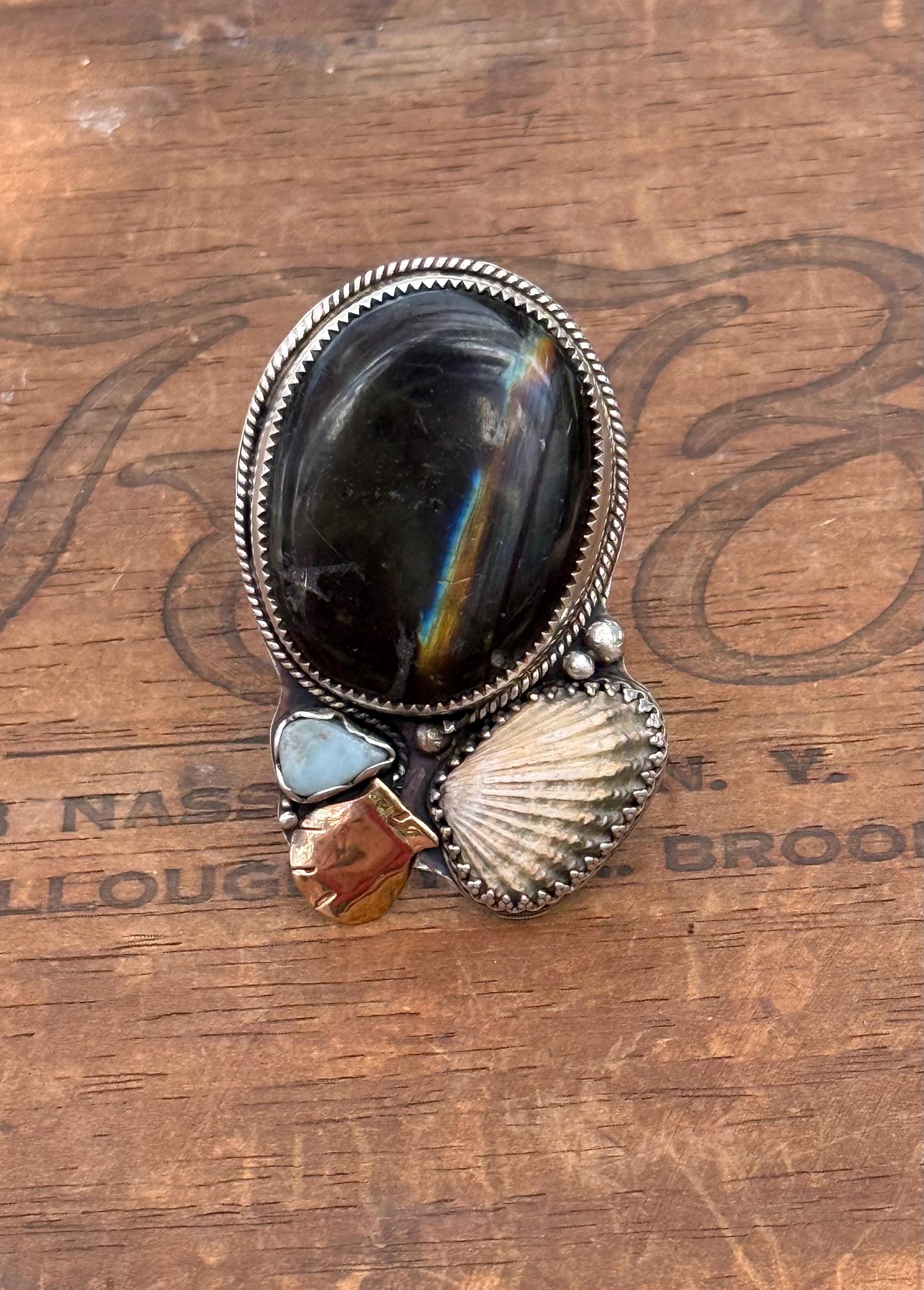 Flashing Labradorite, Broad-Ribbed Cardita Shell, Recycled Larimar, Cardita Shell, & Hand-Forged Scallop Shell in Mix of SS and 14KGF; 10MM Reticulated Band