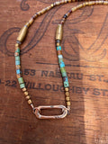 Gypsy Necklace with Turquoise, Shell & Brass Beads with Hand Formed 14kgf Link and Tiny Diamond, 22” 14kgf chain