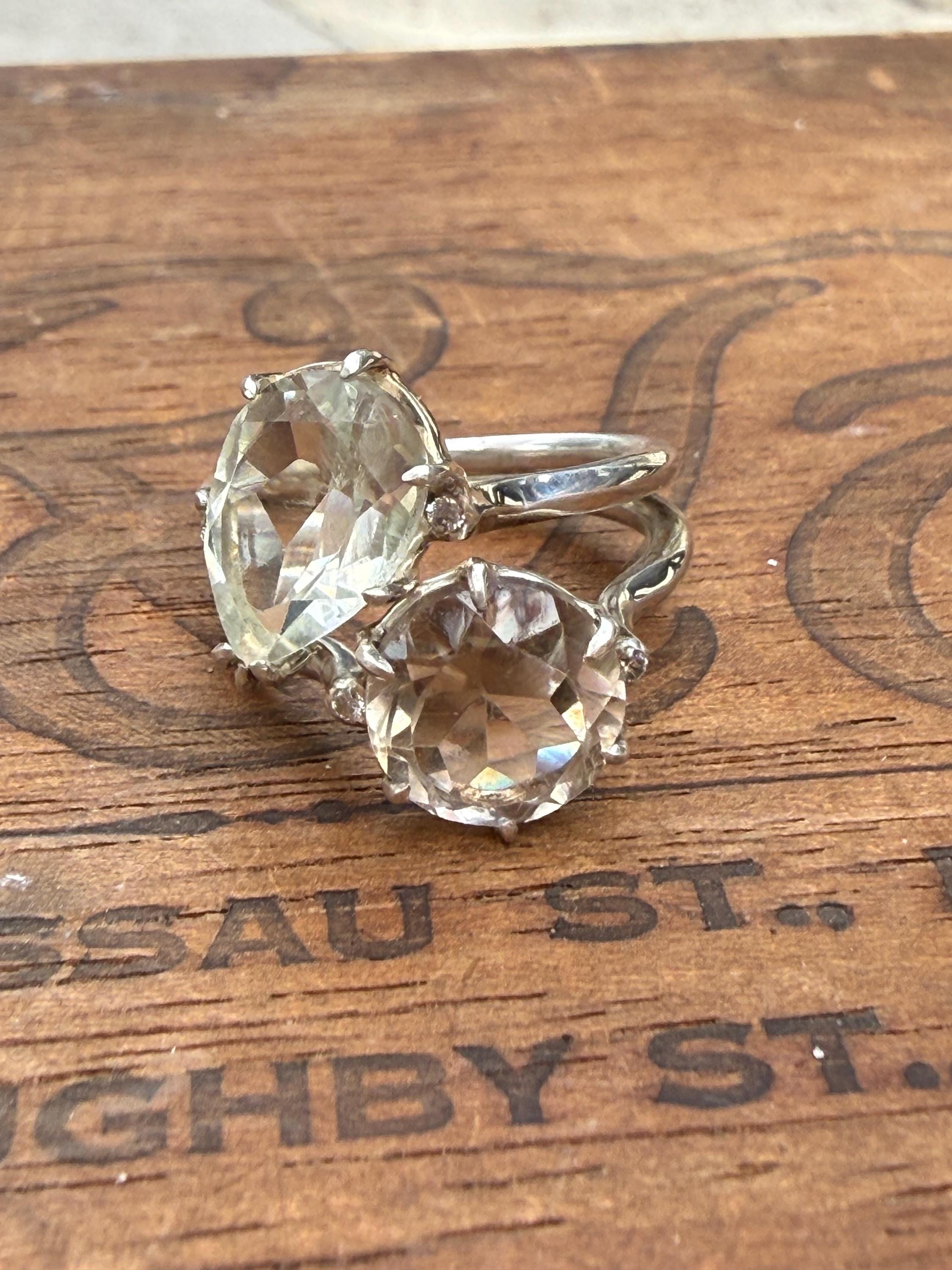Toi et Moi or 'You and Me' Handmade Ring in Smoky Topaz and Green Flourite, with 4 tiny diamonds and Sterling Silver,  Size 7