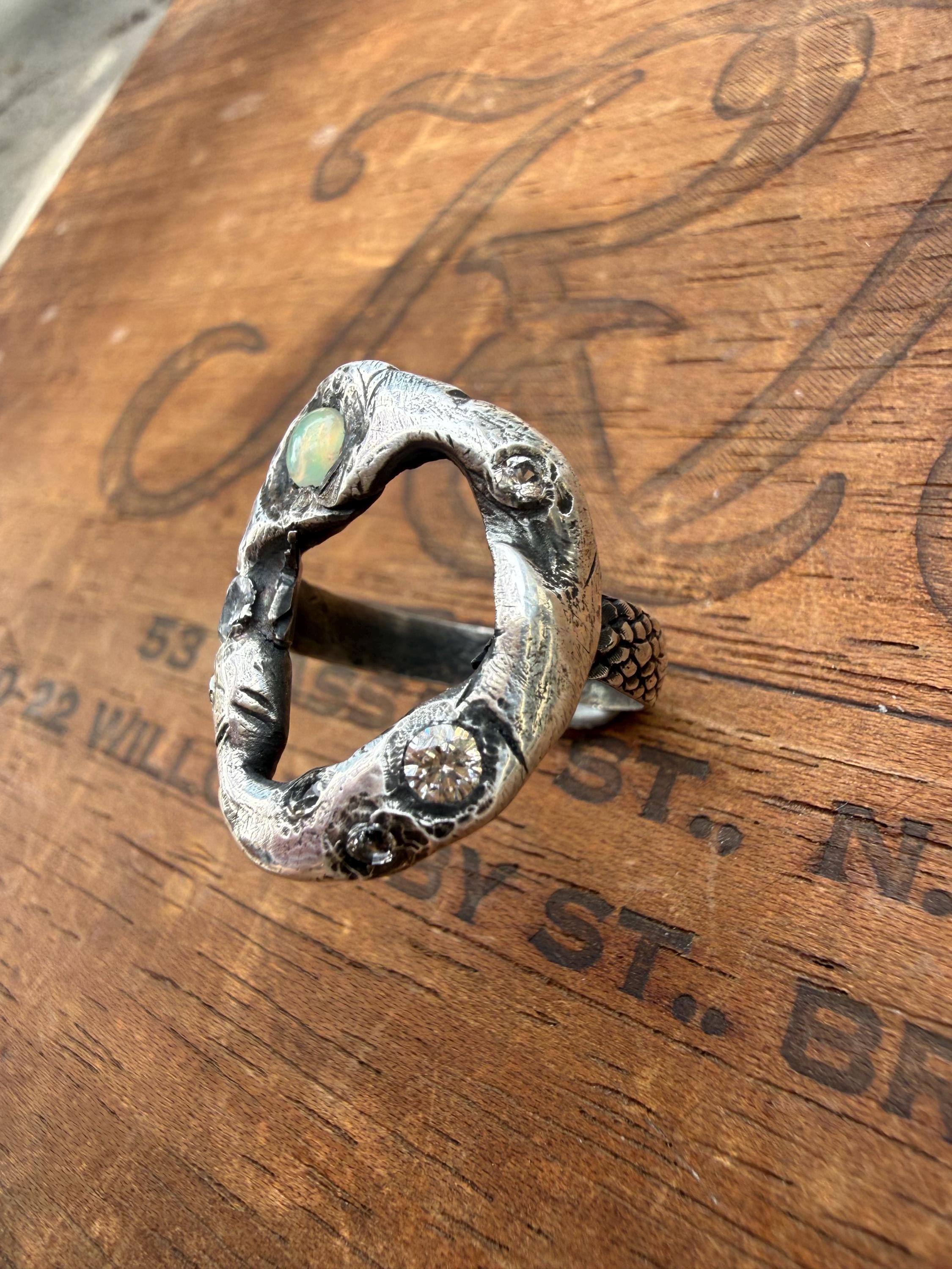 Fine & Sterling Silver Organic Pirate Ring with CZ’s and an Opal. Size 7.5