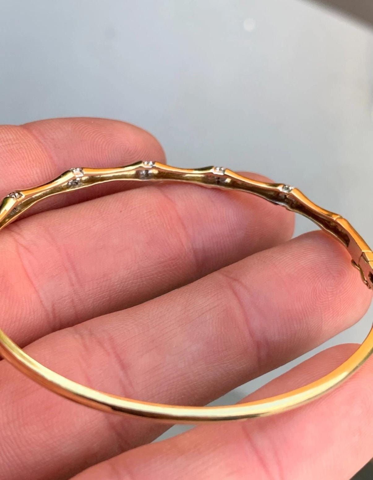 Vintage Gold Bamboo Bangle from UK in Yellow and White 9K Gold with Natural Diamonds, 6.4 grams.