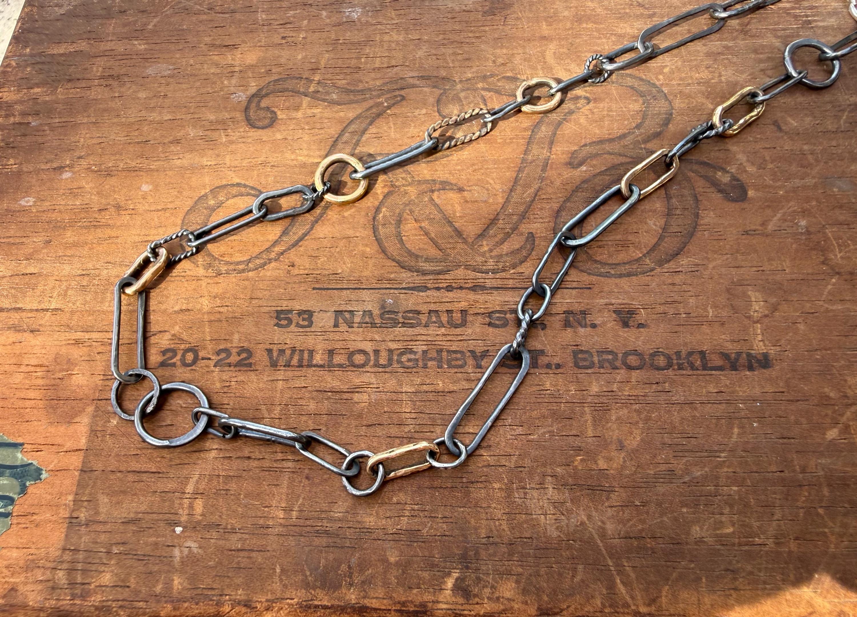 Hand-Formed Blackened Sterling Silver & 14k Gold Filled Oval and Circular Links, 18”