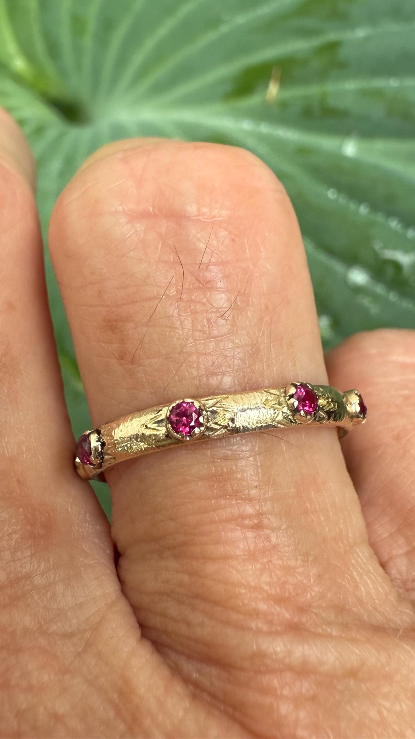 Recycled Vintage 14k Gold Band with Ruby’s and Hand Engraved Detail; size 7-3/4.