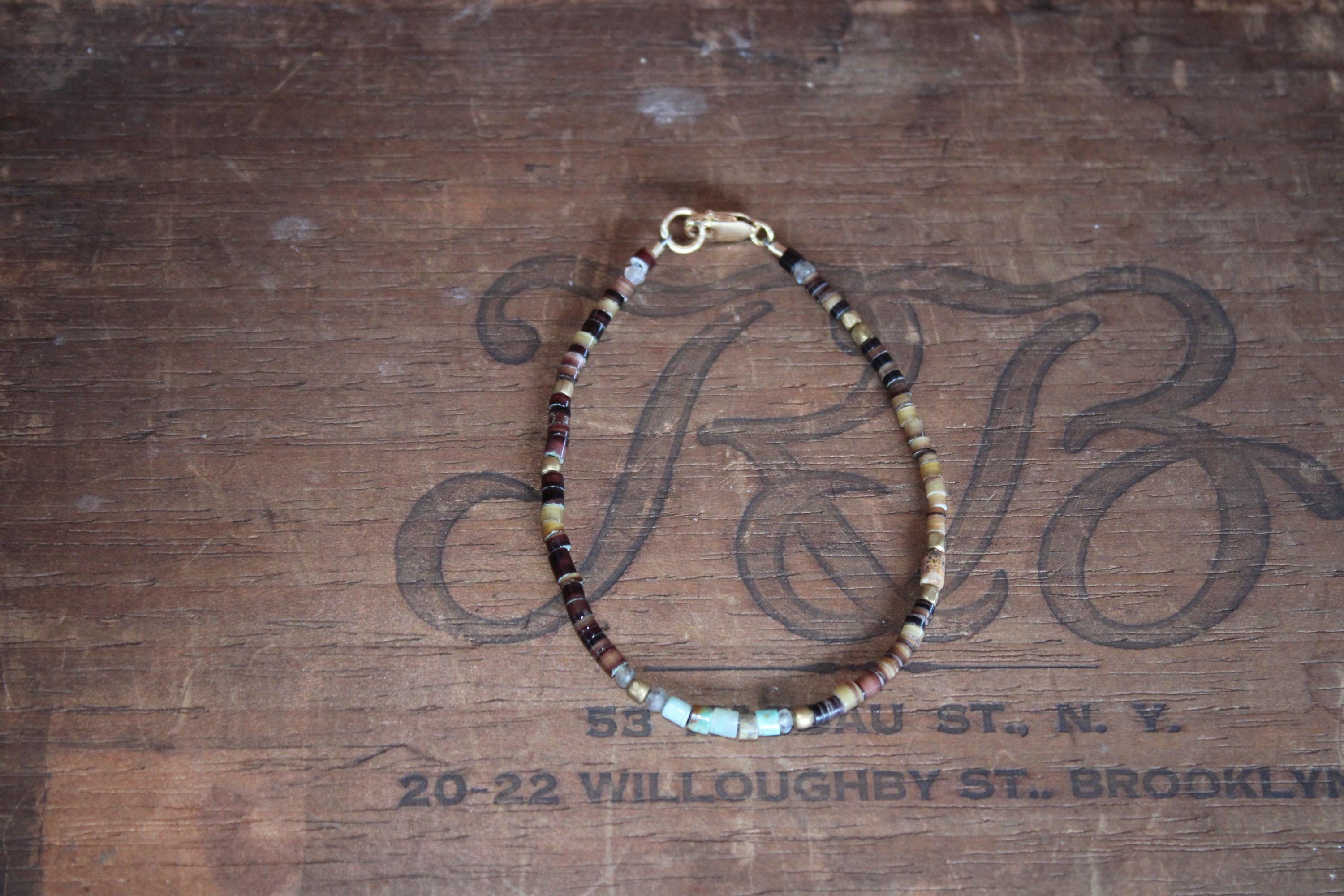 Gypsy Bracelet with Turquoise, Shell, Labradorite & Brass Beads with 14kgf Clasp, 7.5”