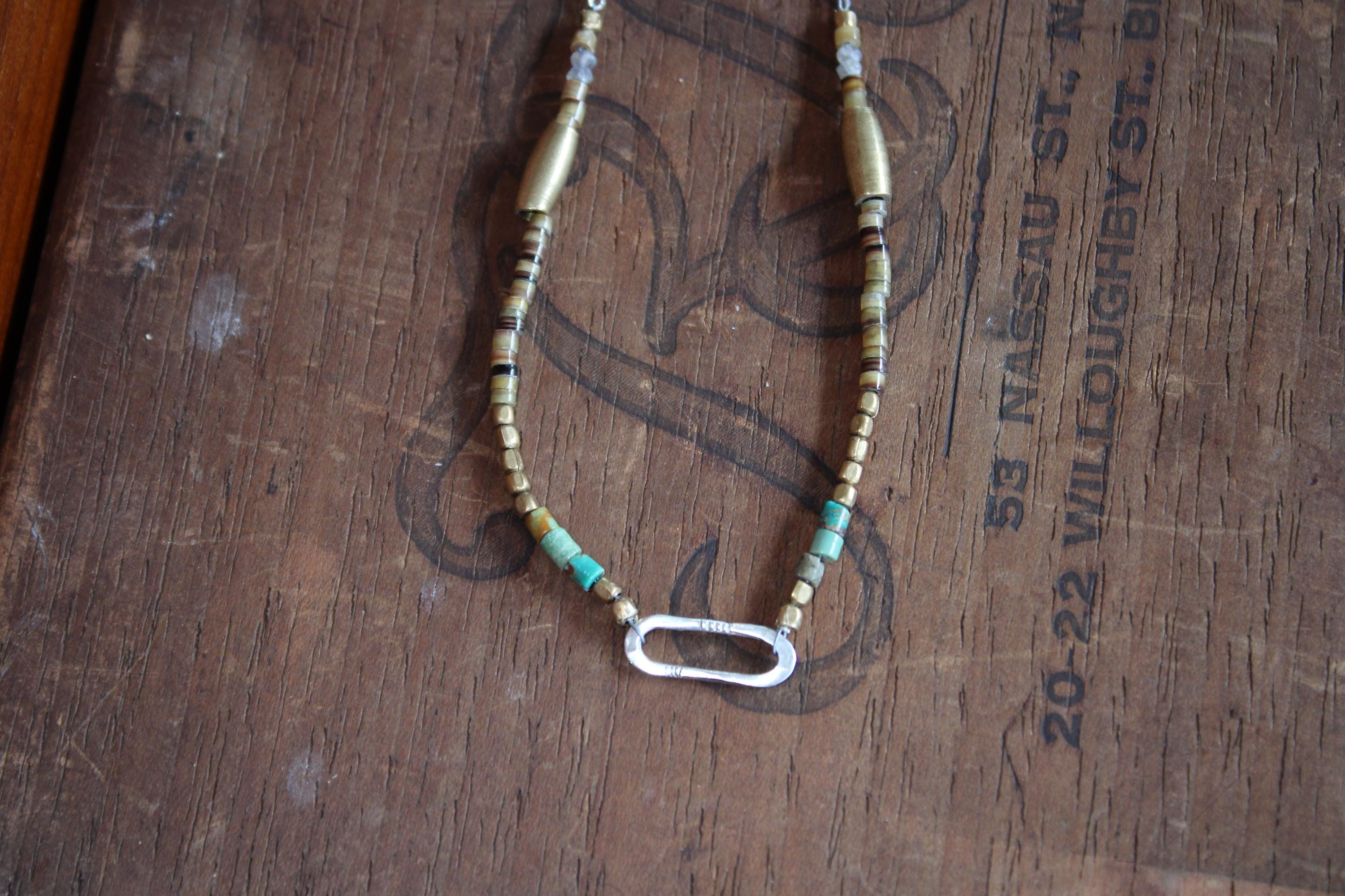 Gypsy Necklace with Turquoise, Shell, Labradorite & Brass Beads with Hand Formed S. Silver Link, 18” Silver chain