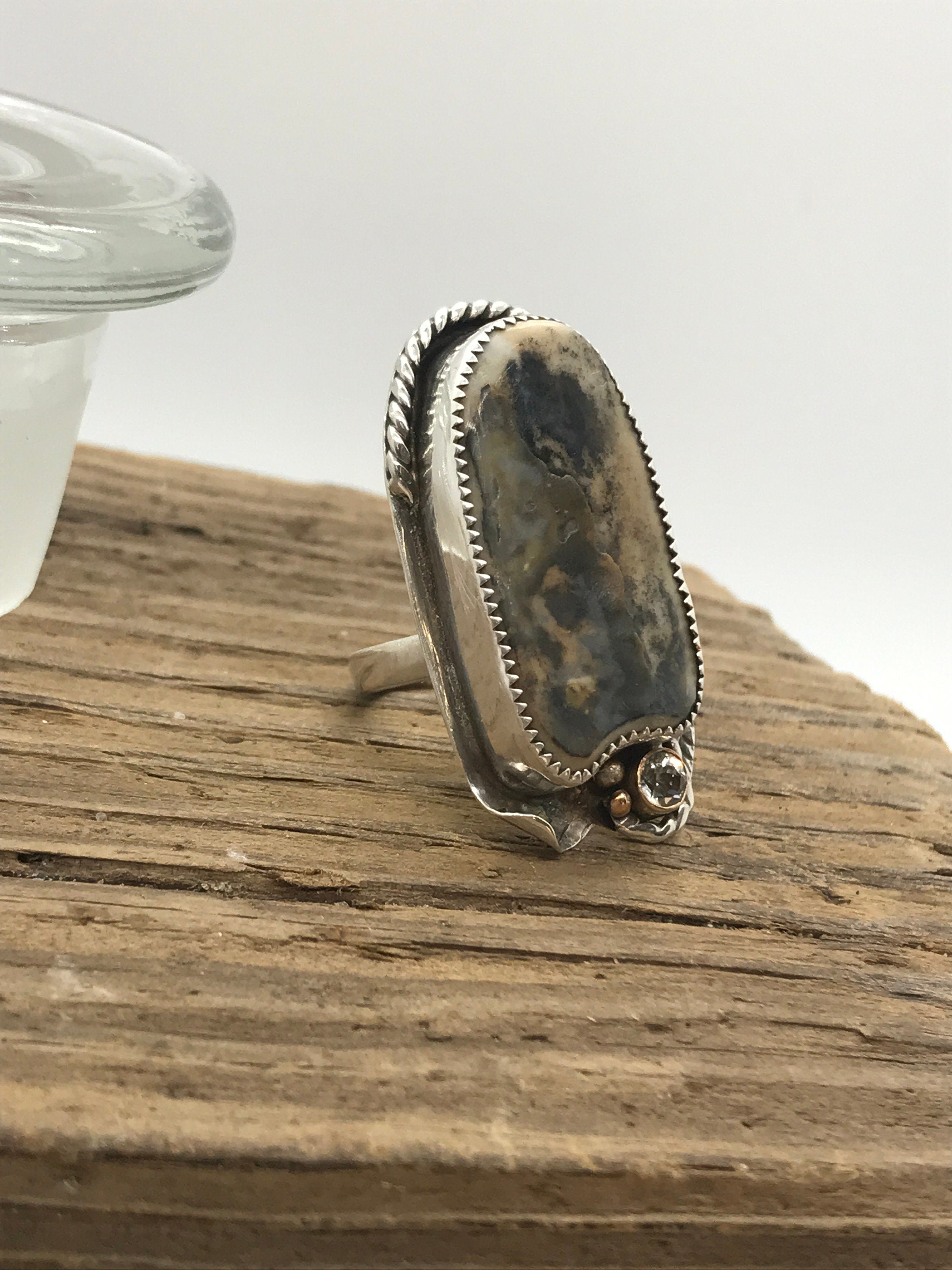 CLAM SHELL Ring Paired with a 5mm White Topaz, Handmade in Sterling and Fine Silver & 14KGF Accents