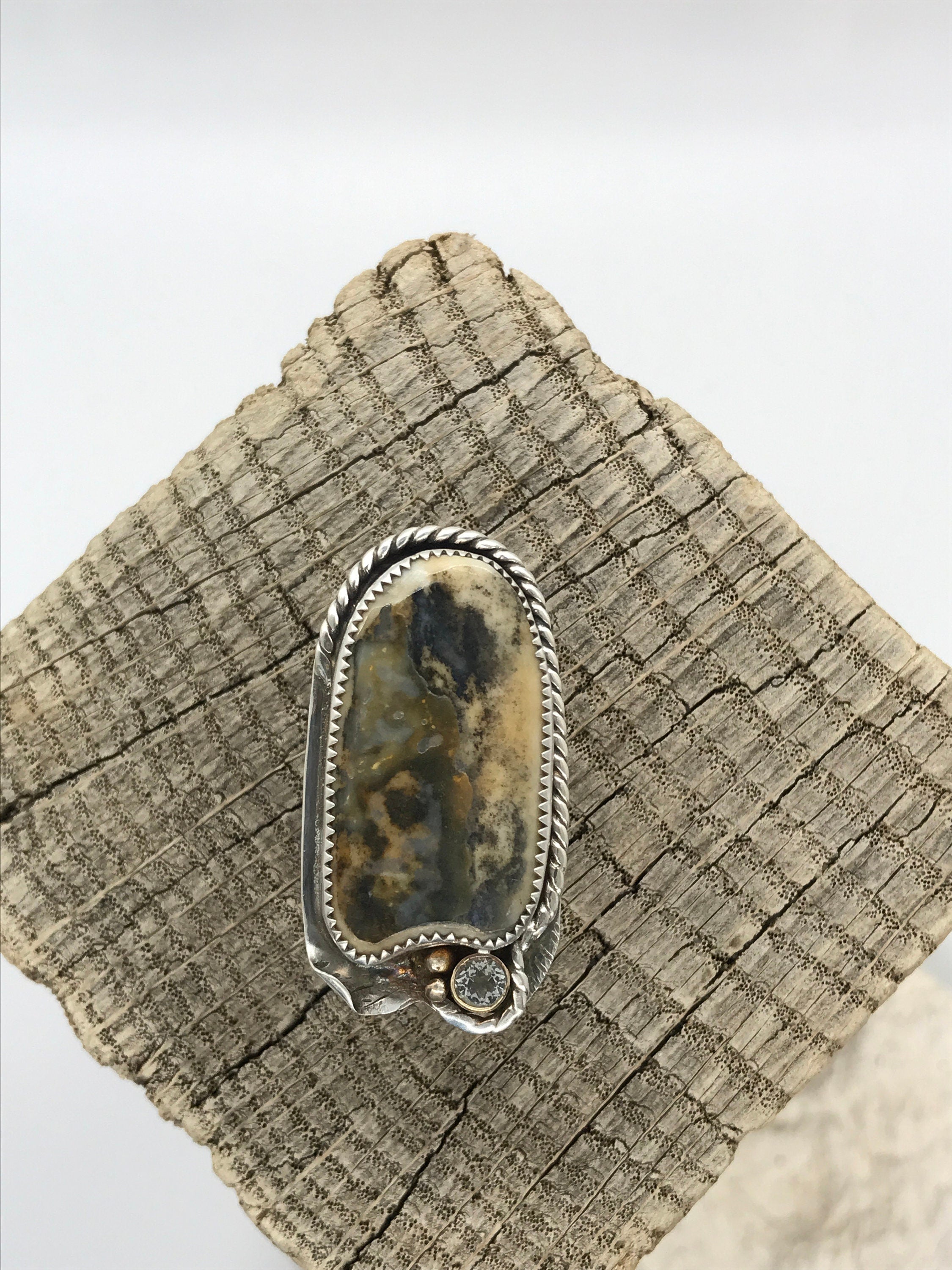 CLAM SHELL Ring Paired with a 5mm White Topaz, Handmade in Sterling and Fine Silver & 14KGF Accents