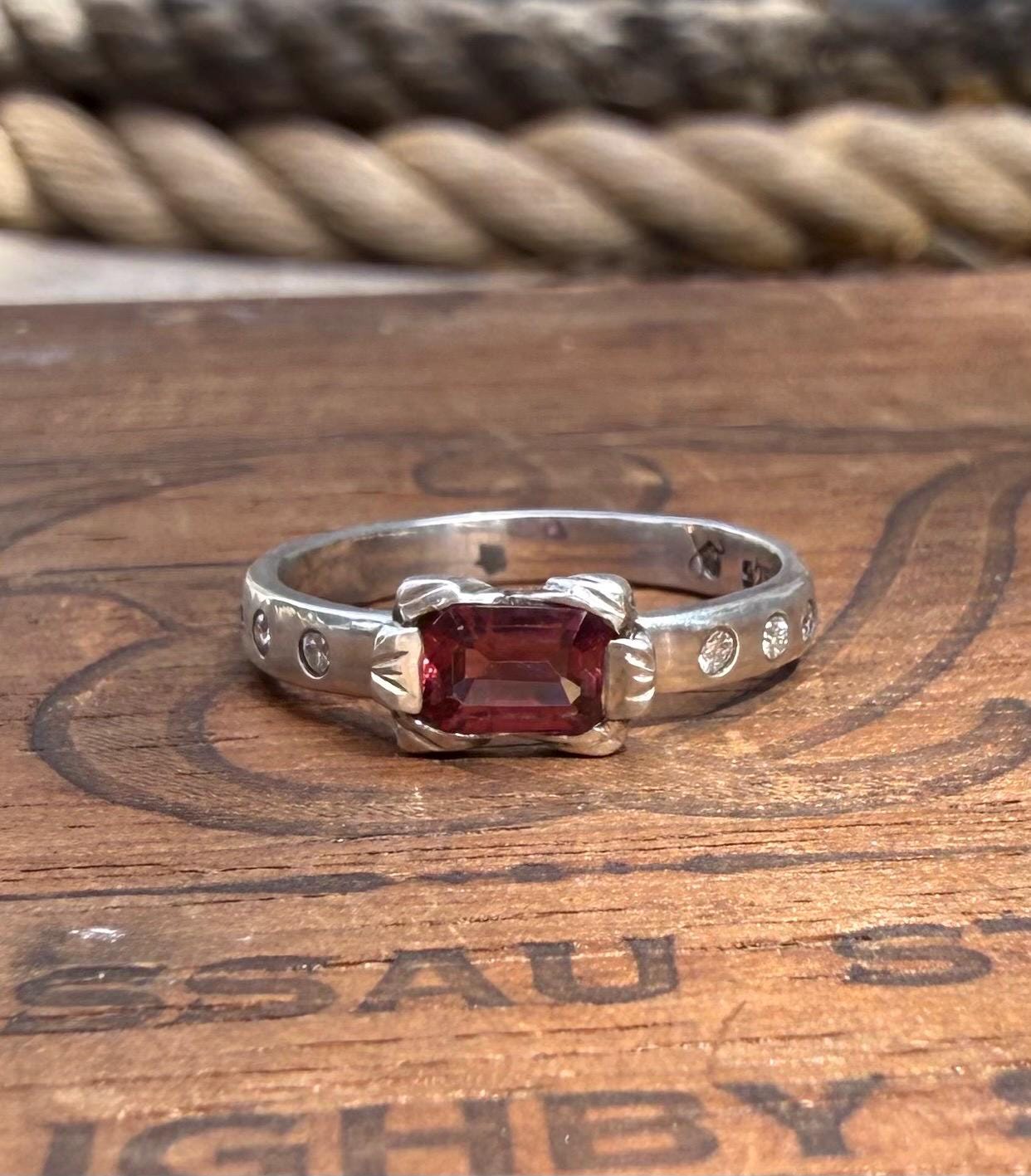 Antique Inspired Tourmaline Ring with Diamonds in Sterling Silver, size 8