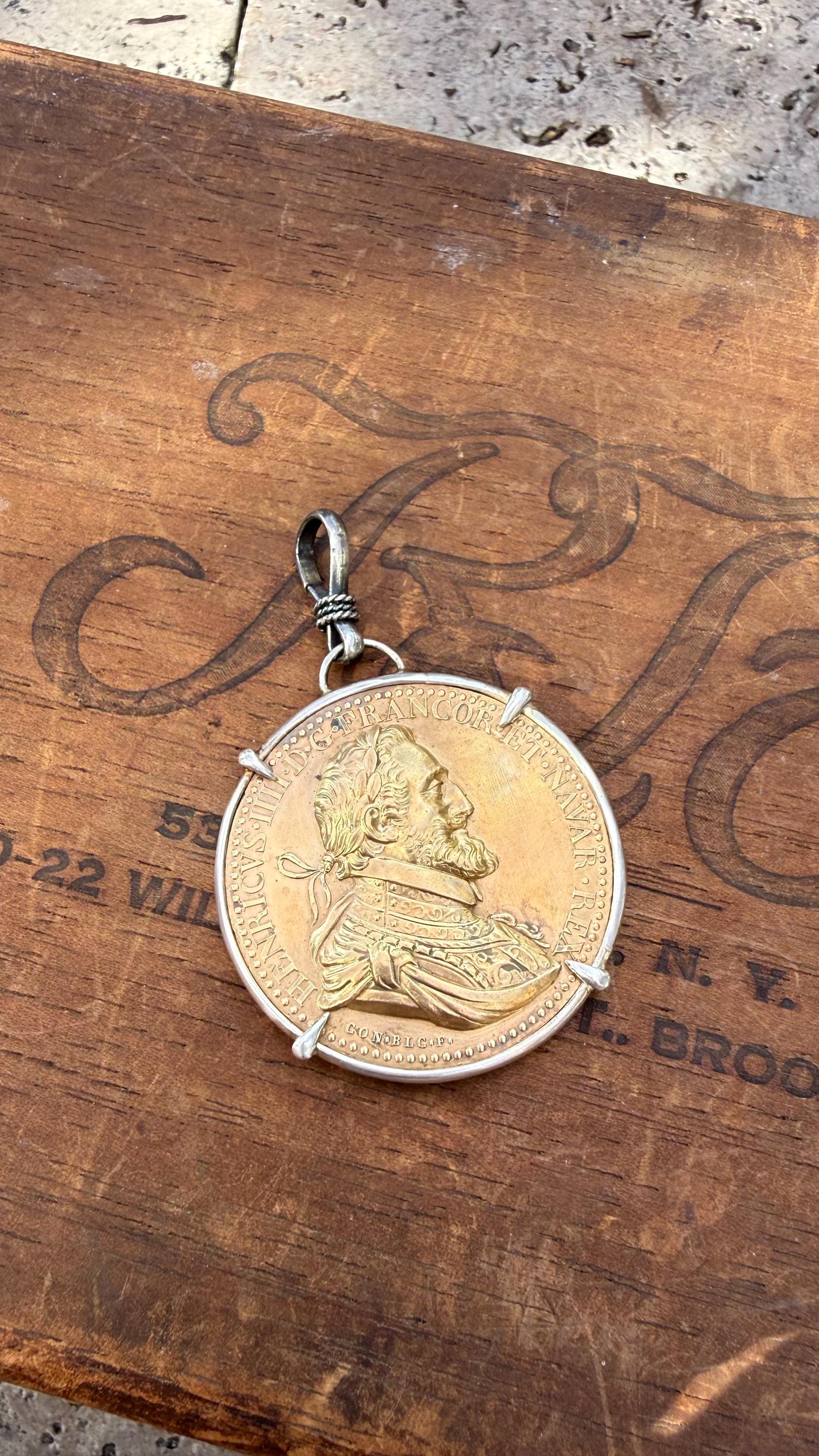 Vintage Bronze ‘1598 France The Unification of the Two Kingdoms’ Coin with Sterling Silver Claw Prongs & Silver Clip