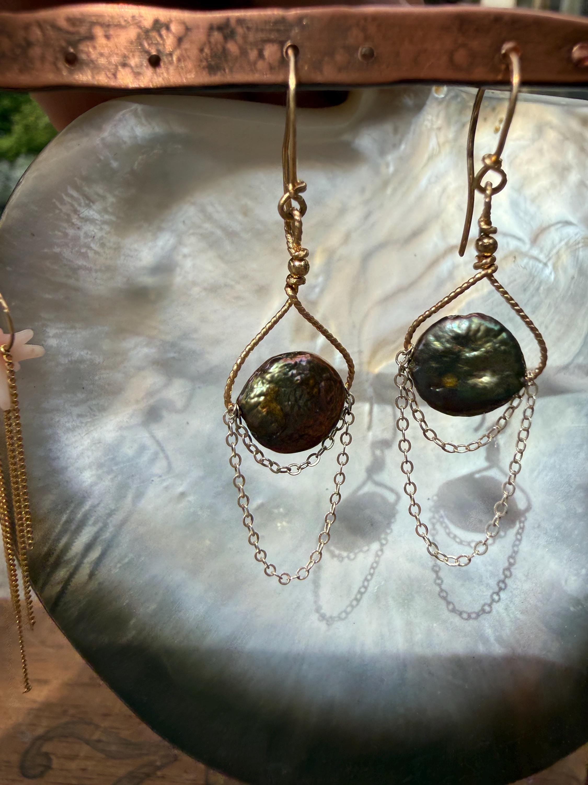 Freshwater Pearl & Chain Dangle Earrings in S.Silver and 14kgf Rope, Hamdmade