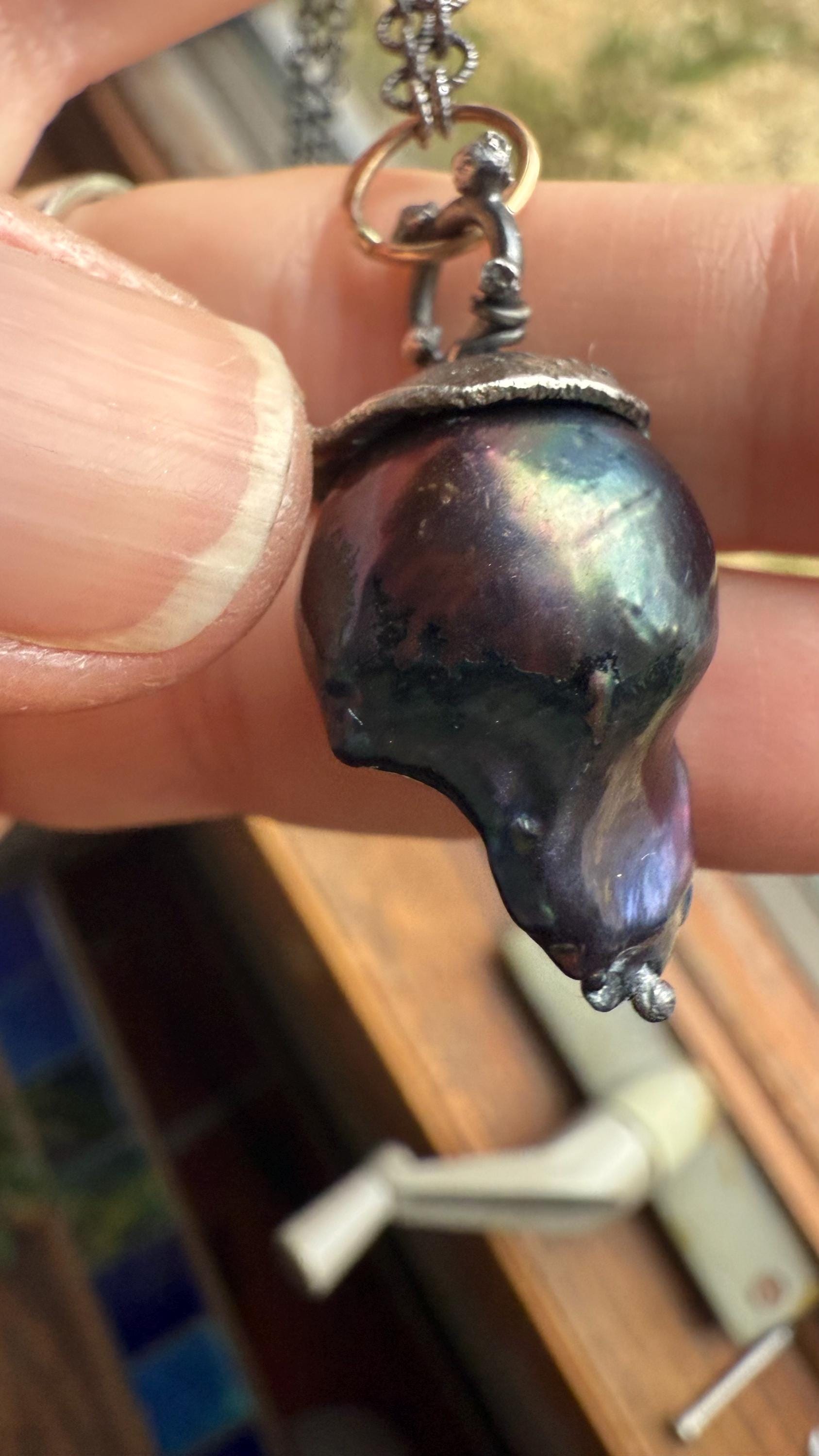 Giant Black Baroque Pearl Necklace with Sterling silver Chain and 14k Gold; 24” long.