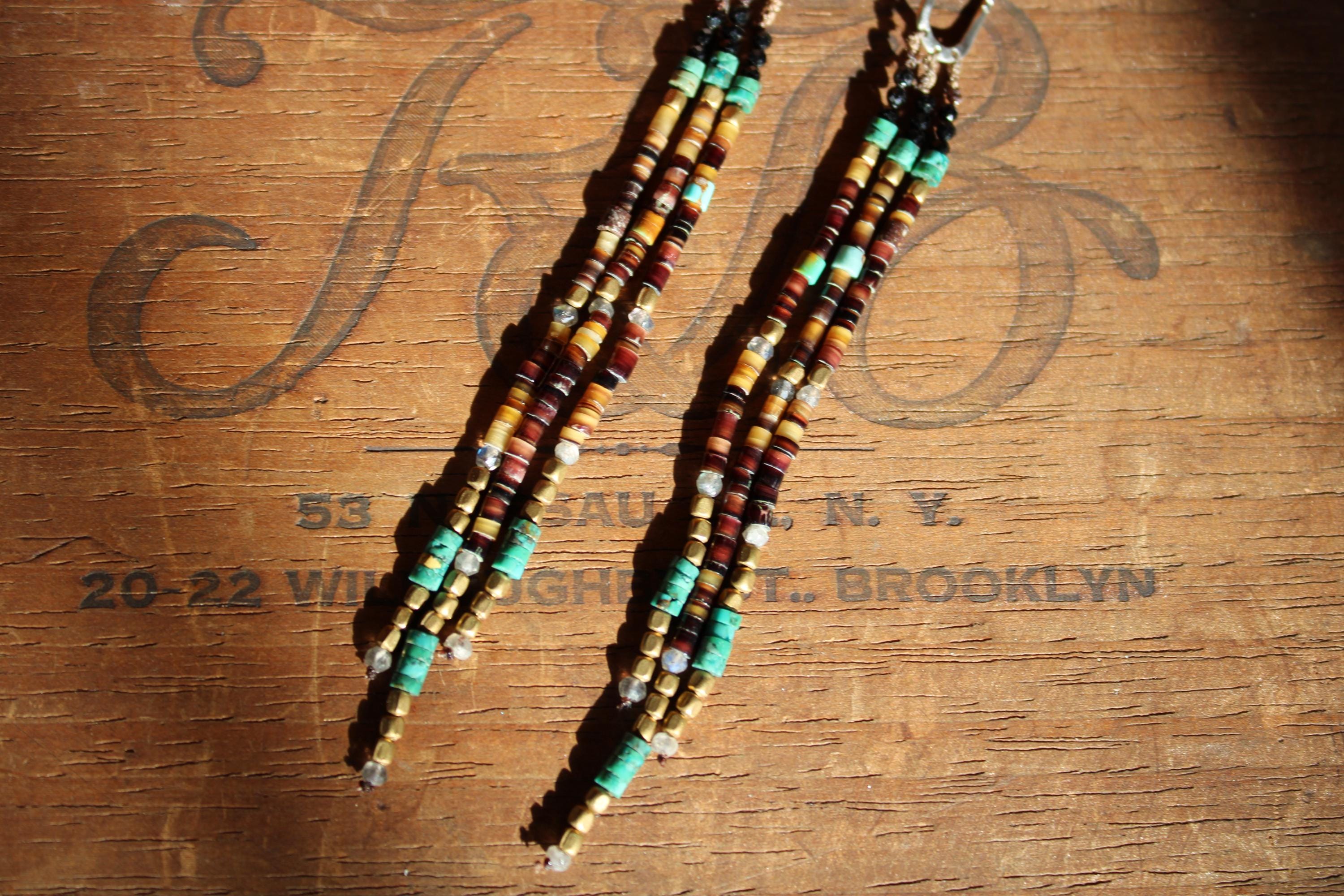 Gypsy Earrings with Shell, Labradorite, Turquoise, Black Tourmaline & Brass beads and Sterling Silver.