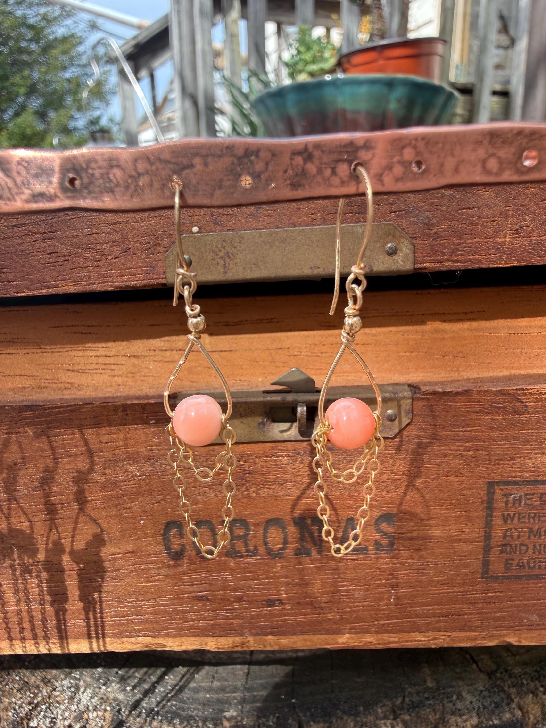 Angel Skin Coral & Chain Lightweight Dangle Earrings in 14kgf, Handmade