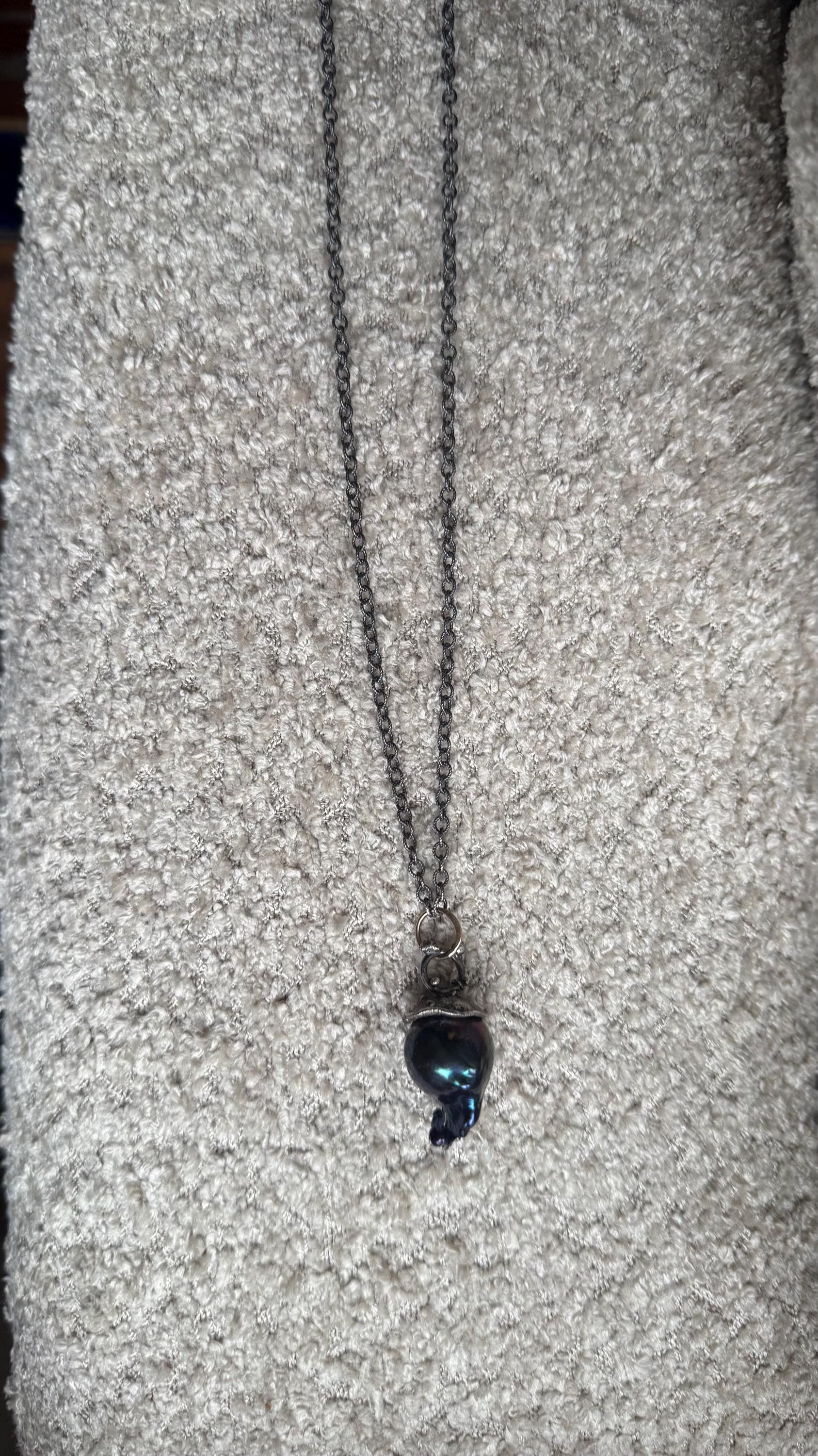 Giant Black Baroque Pearl Necklace with Sterling silver Chain and 14k Gold; 24” long.