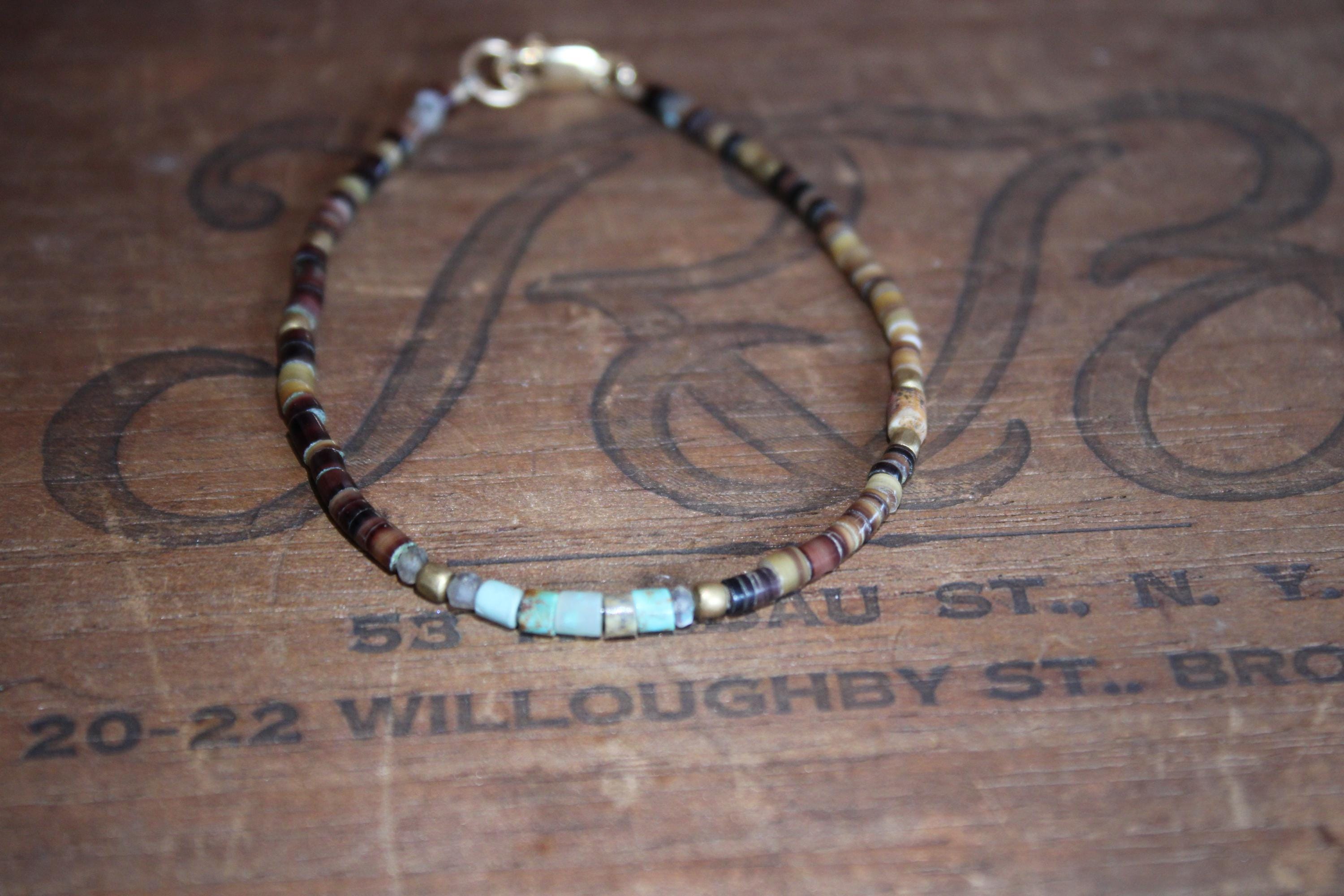 Gypsy Bracelet with Turquoise, Shell, Labradorite & Brass Beads with 14kgf Clasp, 7.5”