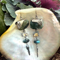Gypsy Dangle Earrings with Moss Agate,  Emerald, Diamond, Sterling Silver, and 14Kt  Gold.