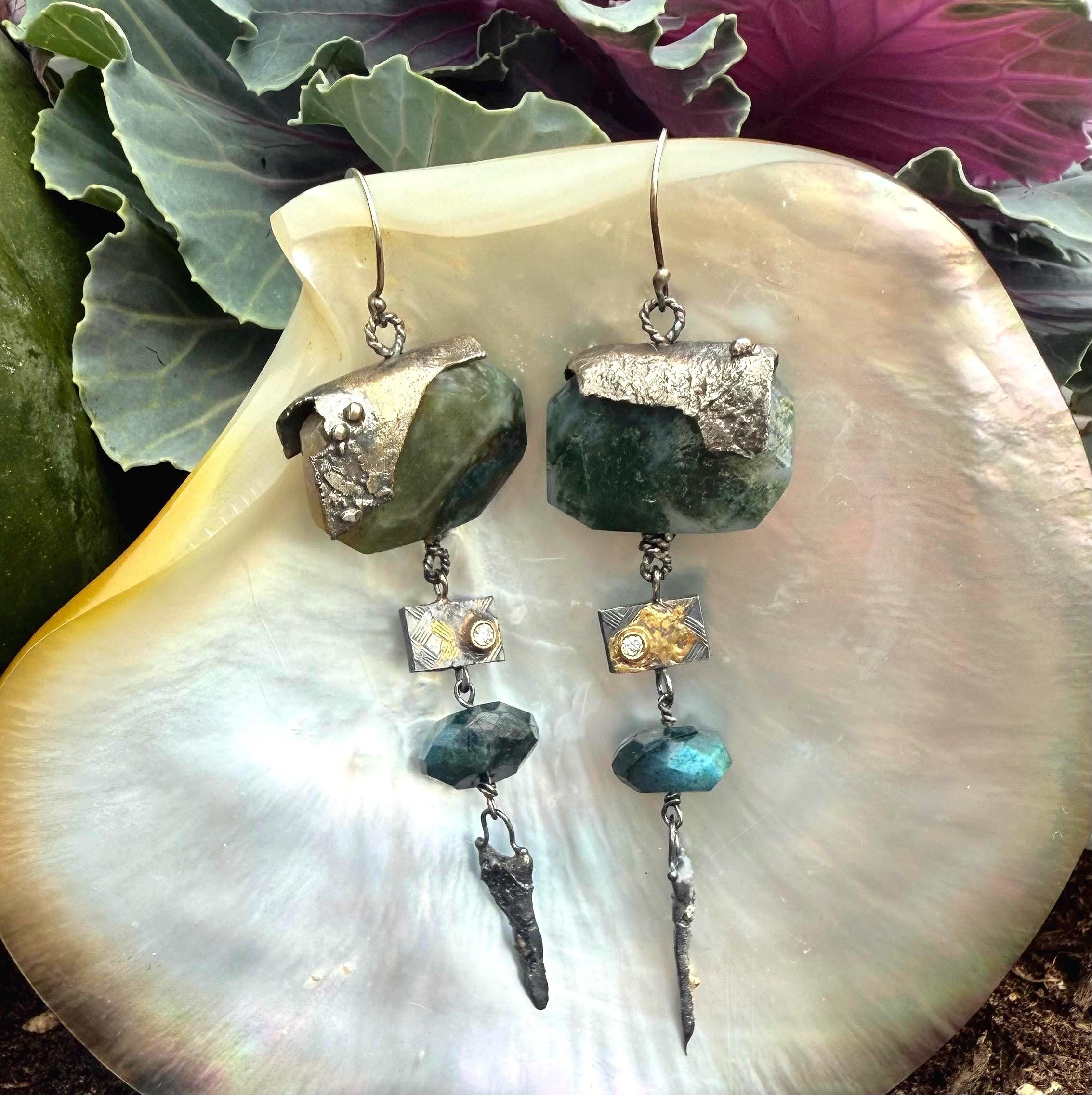 Gypsy Dangle Earrings with Moss Agate,  Emerald, Diamond, Sterling Silver, and 14Kt  Gold.