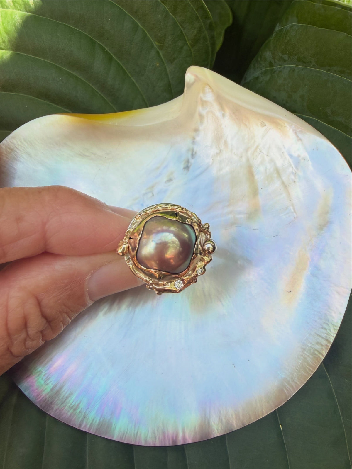 South Seas Mabe Pearl Ring in Vintage 14K Gold and Sterling Silver and Diamonds