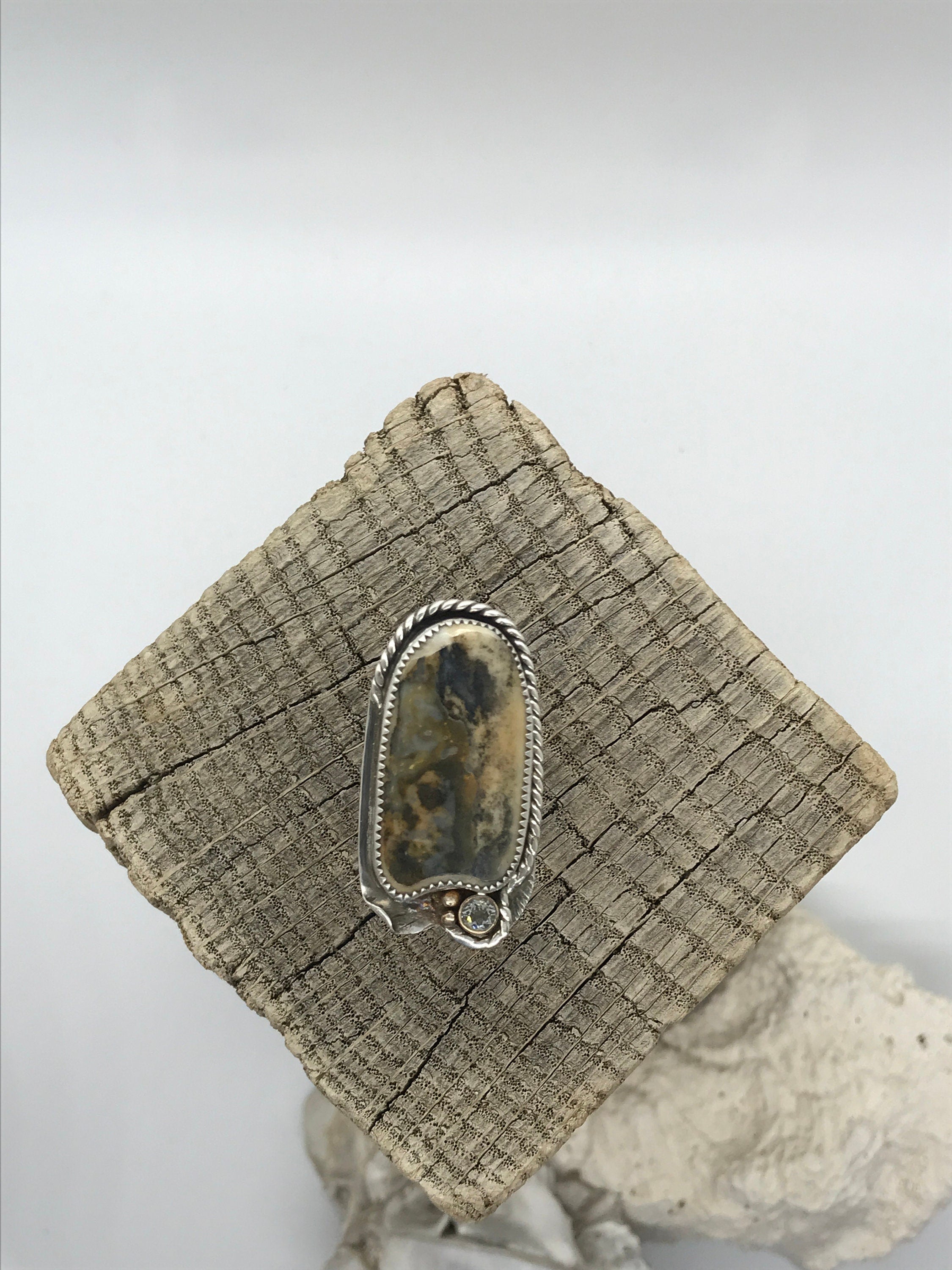 CLAM SHELL Ring Paired with a 5mm White Topaz, Handmade in Sterling and Fine Silver & 14KGF Accents