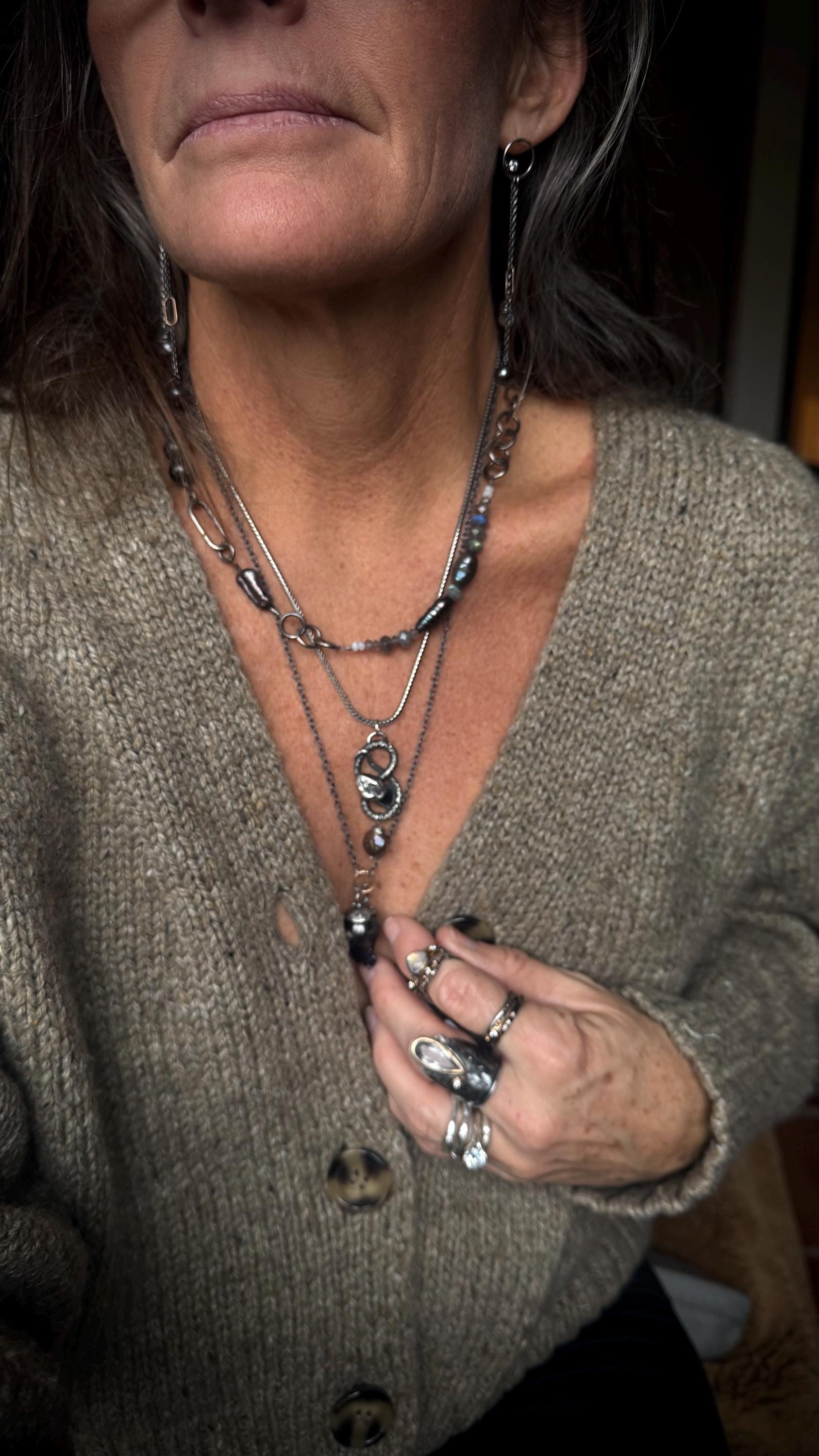Asymmetrical Tahitian Black Pearl Necklace: Labradorite Moonstone, Hand-Forged Sterling Silver (18.5”)