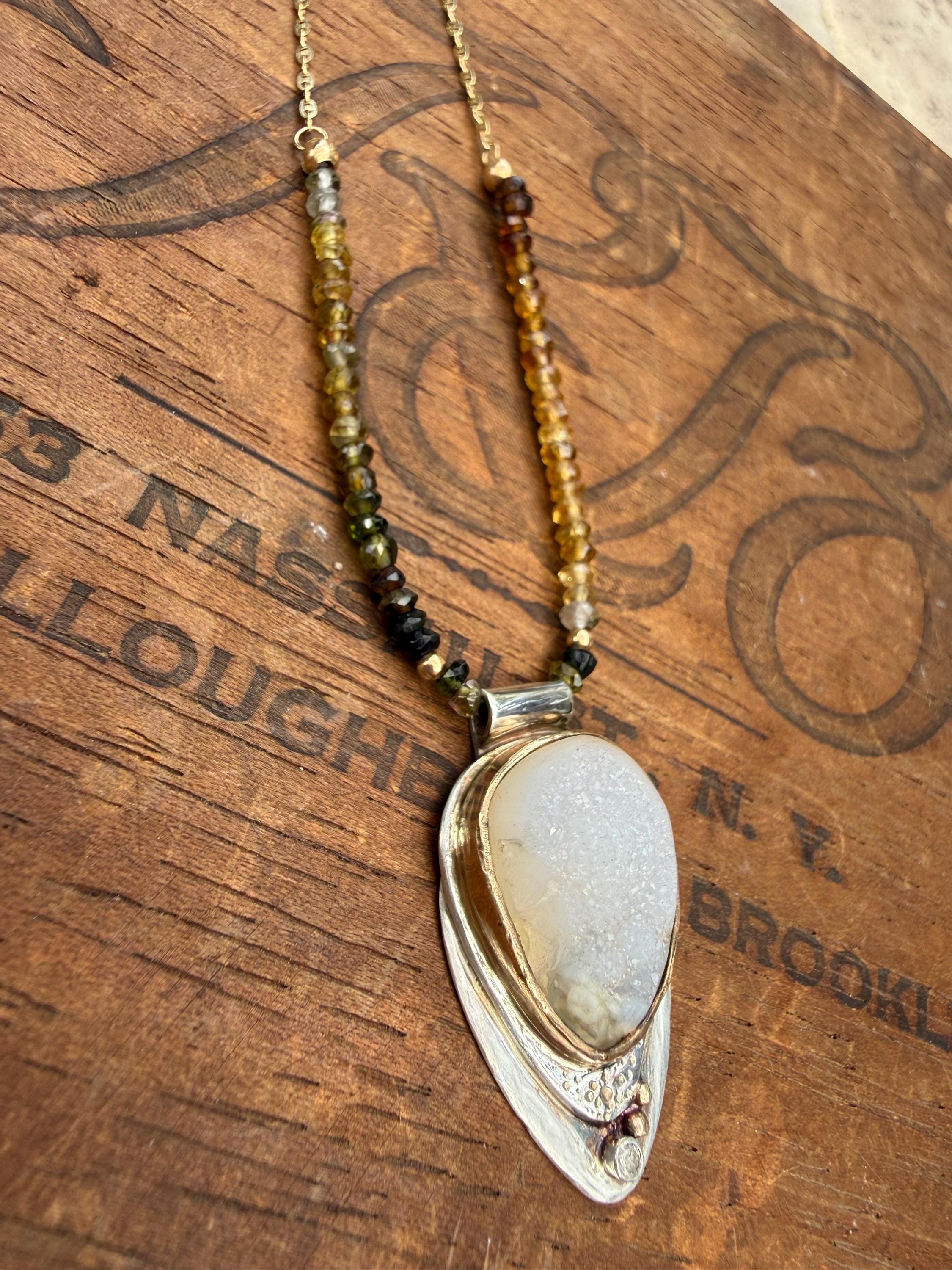 Druzy Diamond Pendant: 14K Gold & Sterling Silver, Tourmaline Bead Necklace