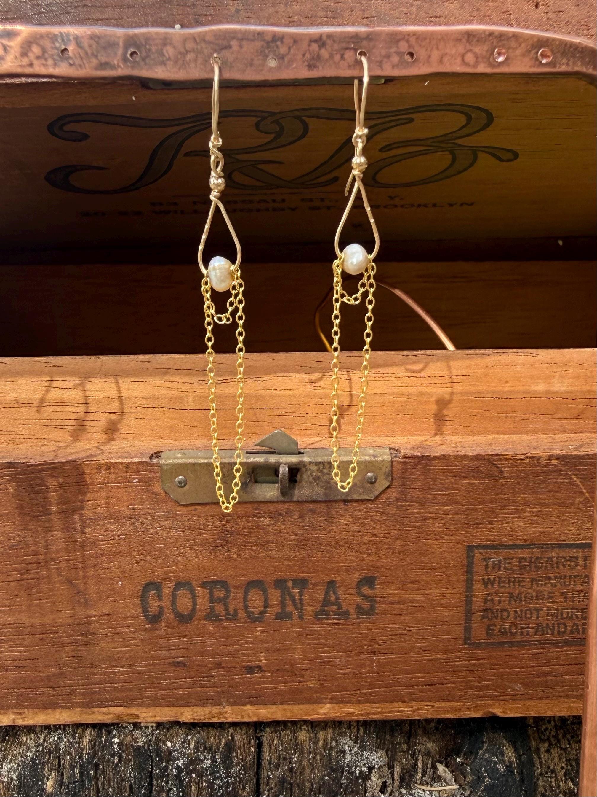 Freshwater Pearl & Chain Dangle Earrings in 14kgf, Hamdmade