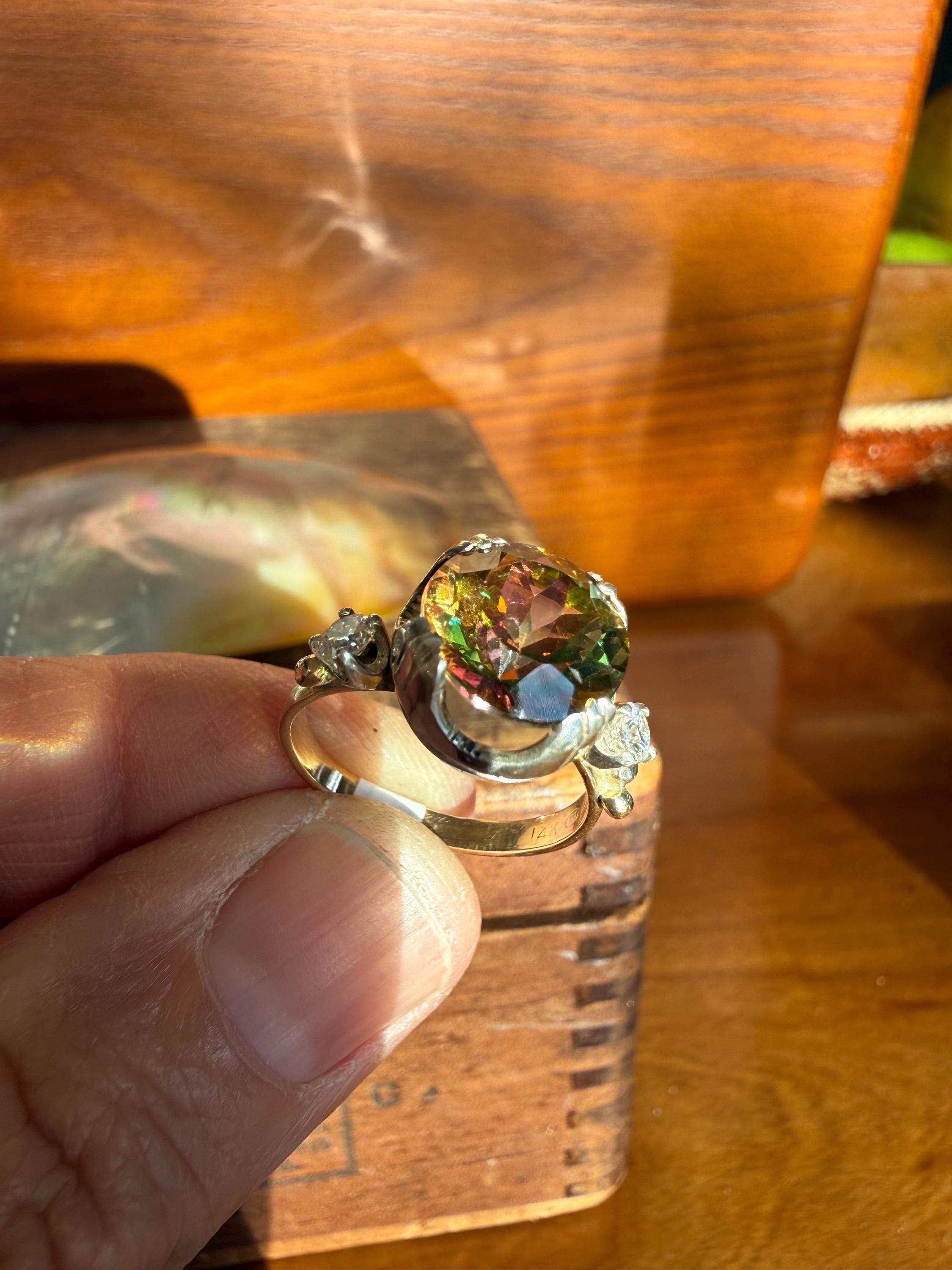 4 Carat Treasure Cave Mystic Topaz from Brazil, Flanked with Moissanite Diamonds, 14k Gold Vintage Band, size 6.5