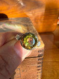 4 Carat Treasure Cave Mystic Topaz from Brazil, Flanked with Moissanite Diamonds, 14k Gold Vintage Band, size 6.5