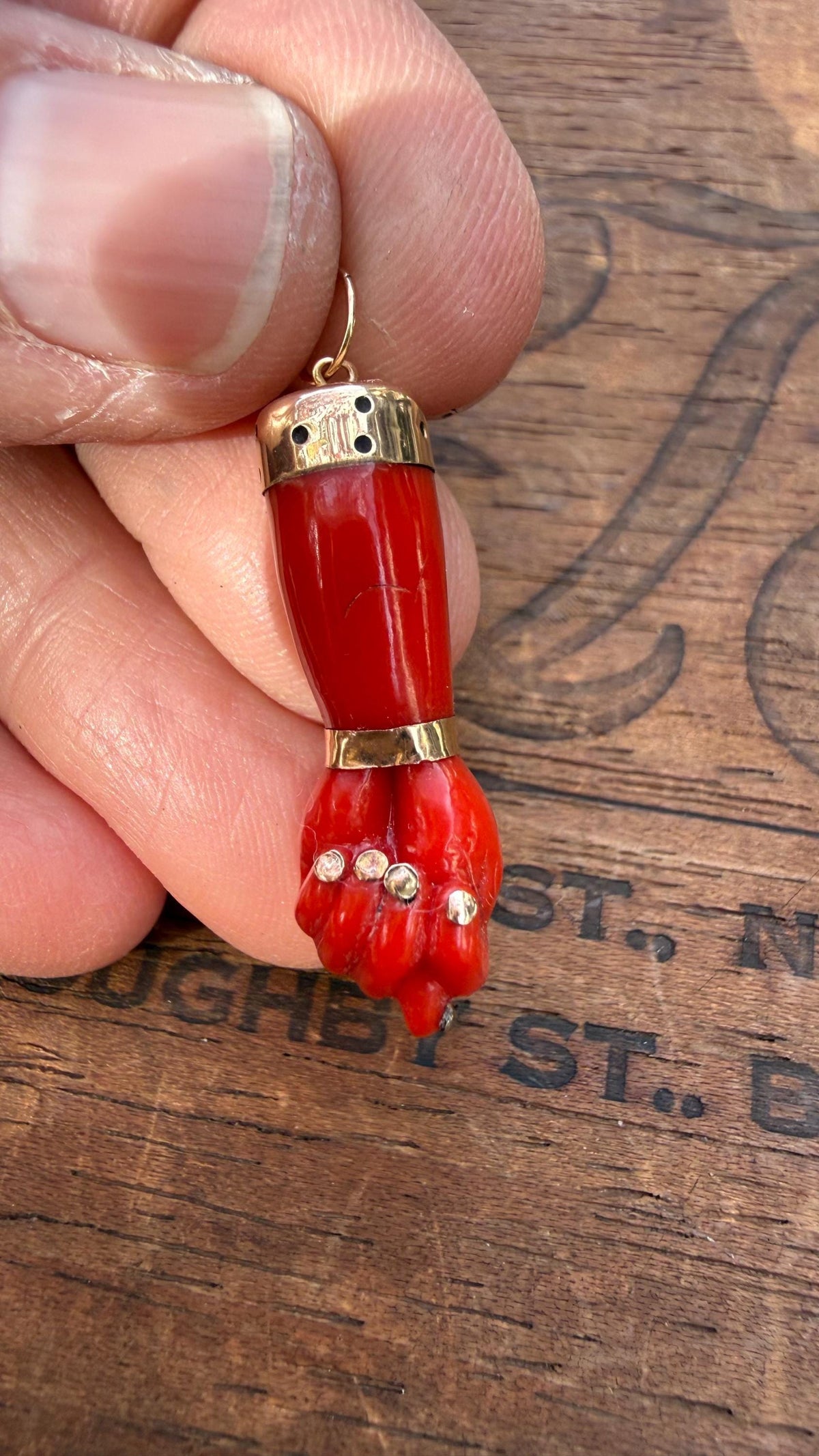 Antique Italian Coral Figa Charm with 14k Gold Amulet Pendant