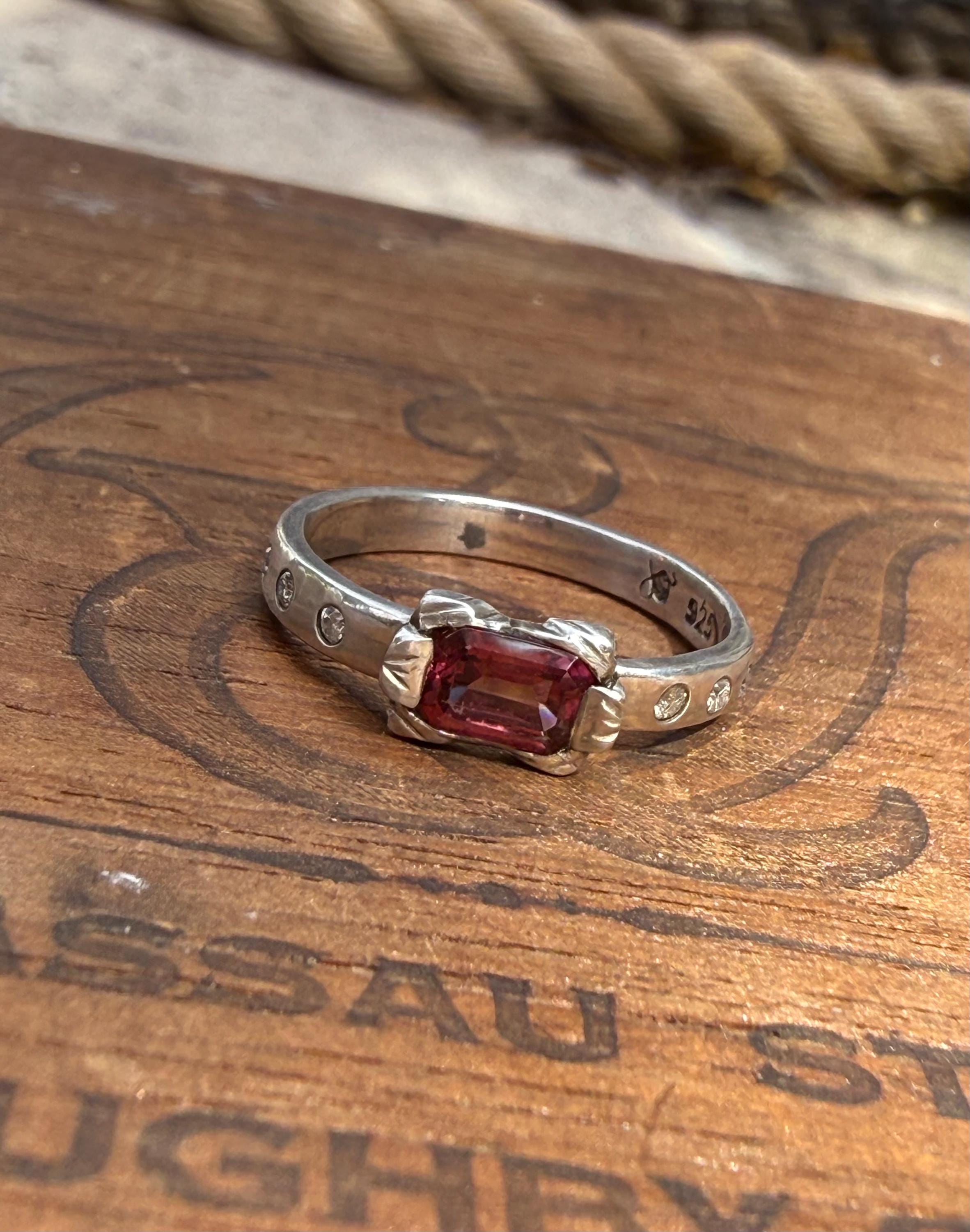 Antique Inspired Tourmaline Ring with Diamonds in Sterling Silver, size 8