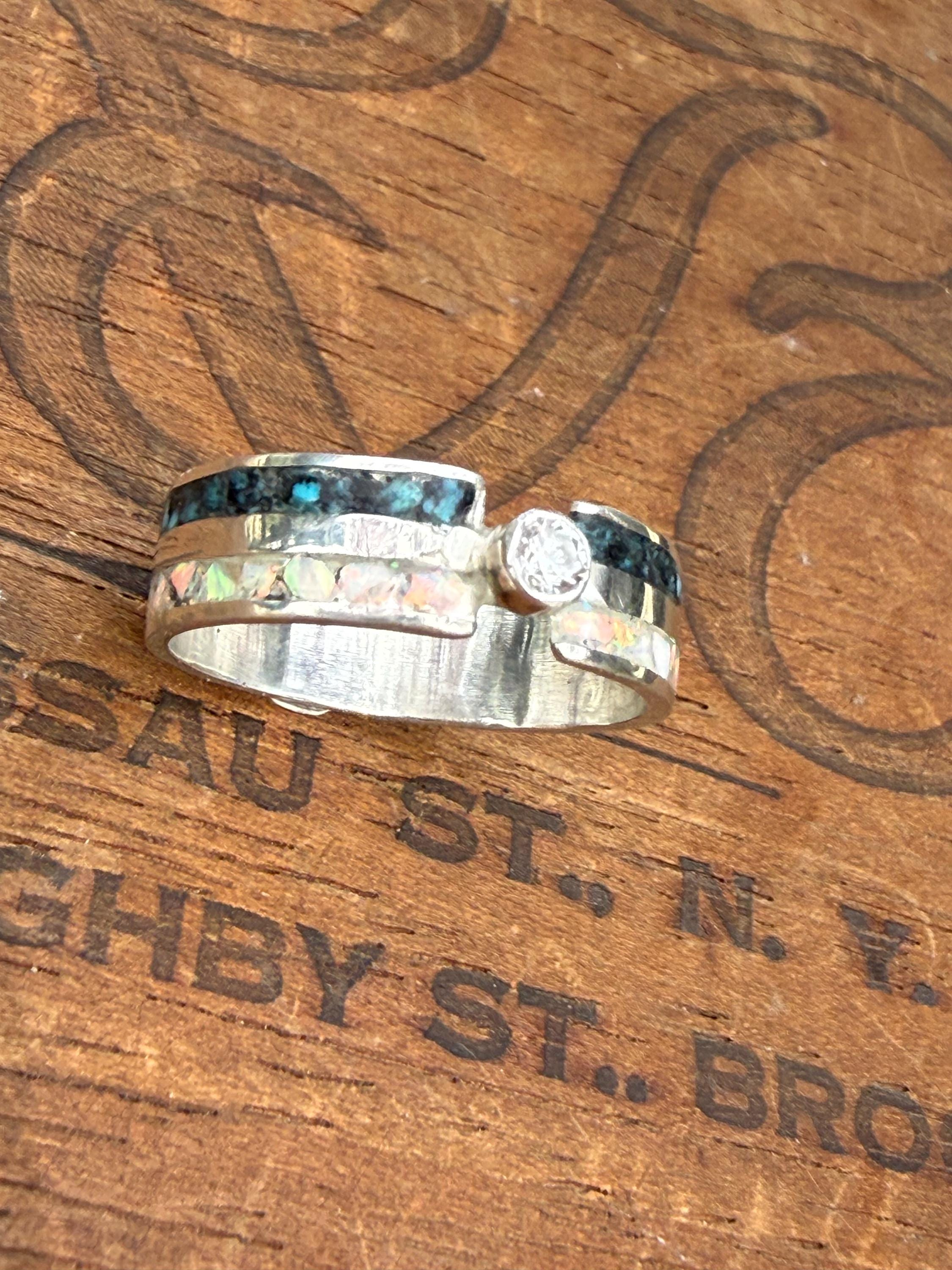 Turquoise and Opal Double Inlay Band with a Moissanite Center Diamond in Sterling Silver, size 8
