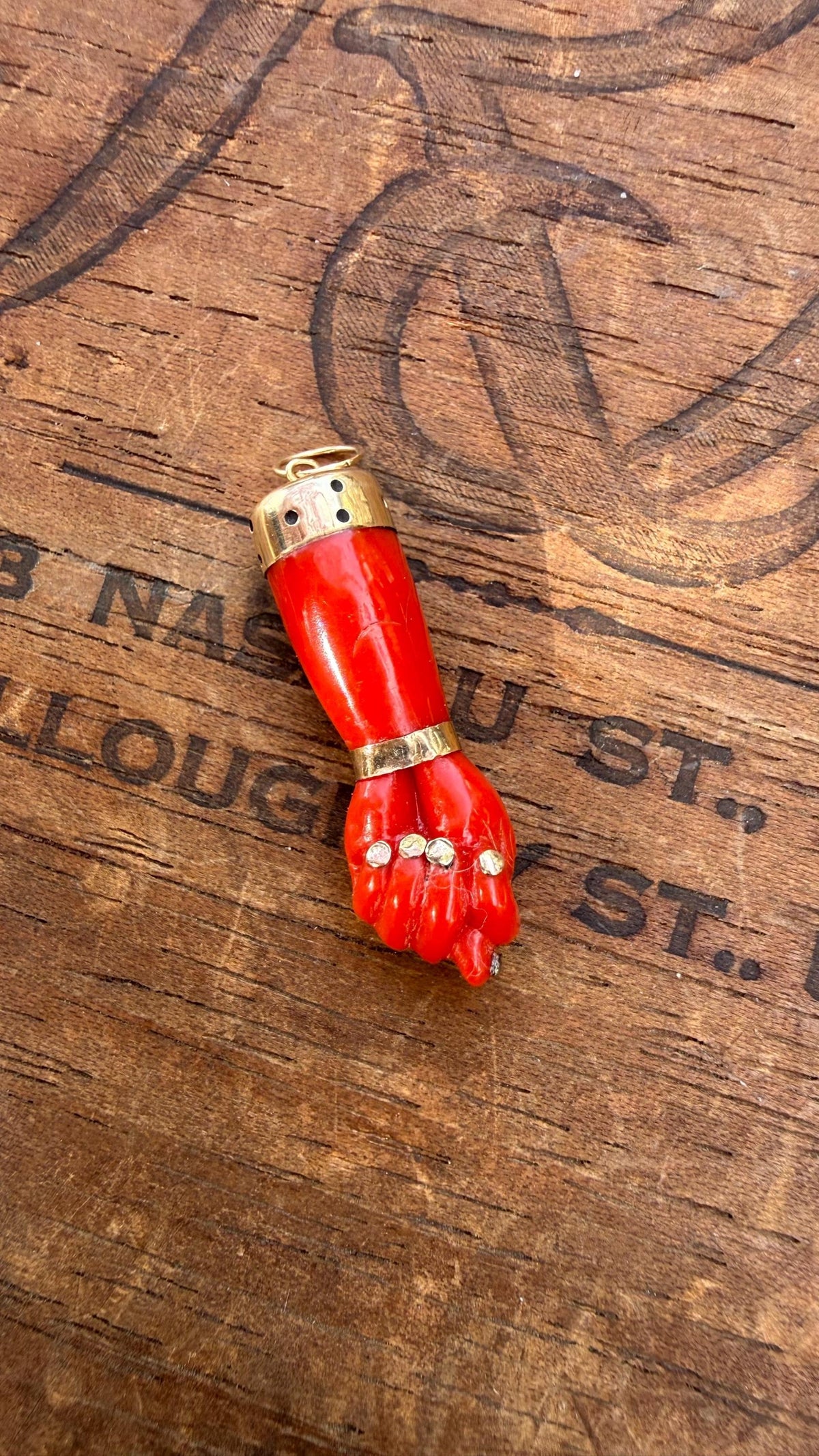 Antique Italian Coral Figa Charm with 14k Gold Amulet Pendant