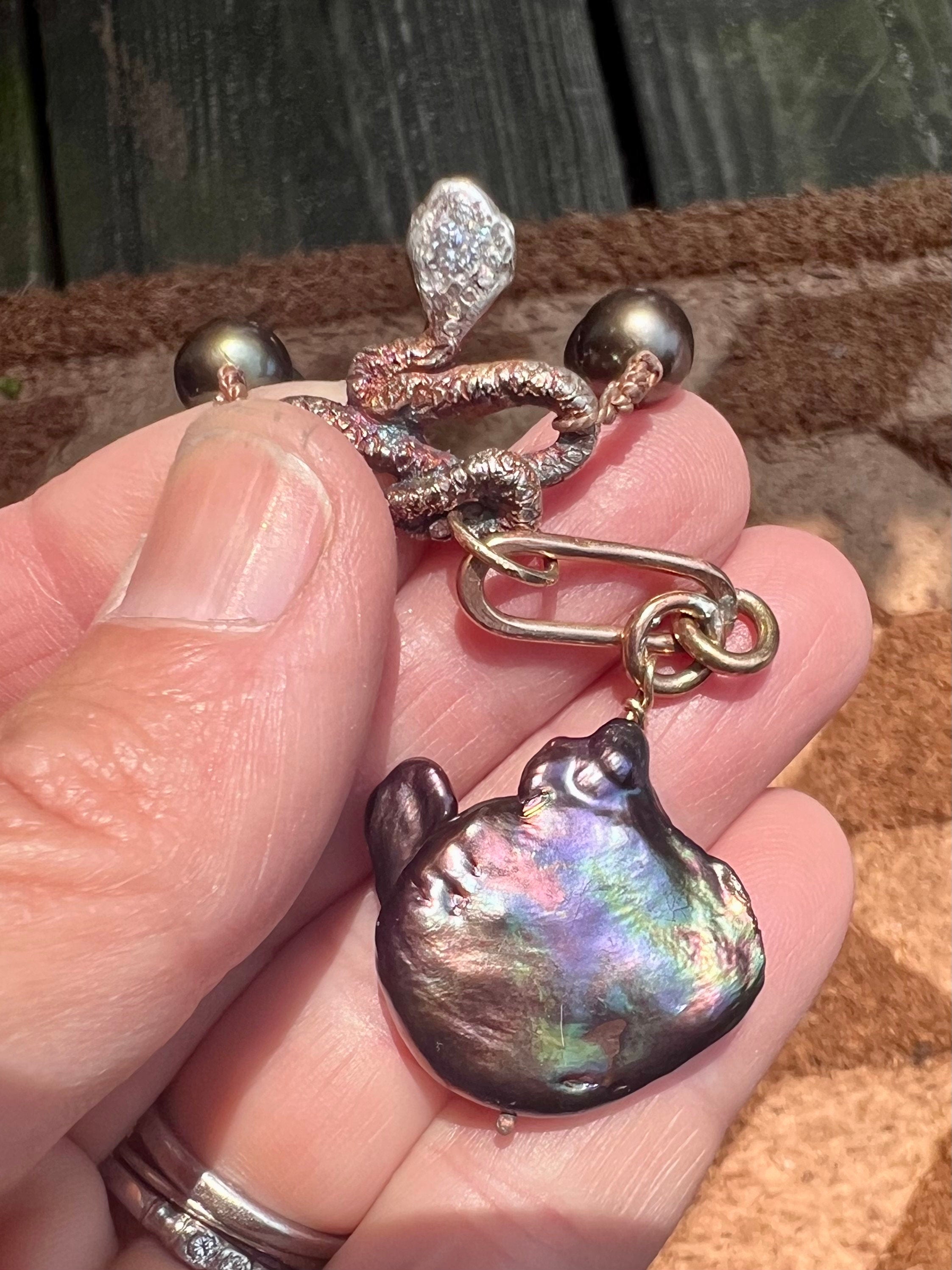 Cultured Peacock Freshwater Pearls with a Hand Carved Jeweled Snake in Fine Silver