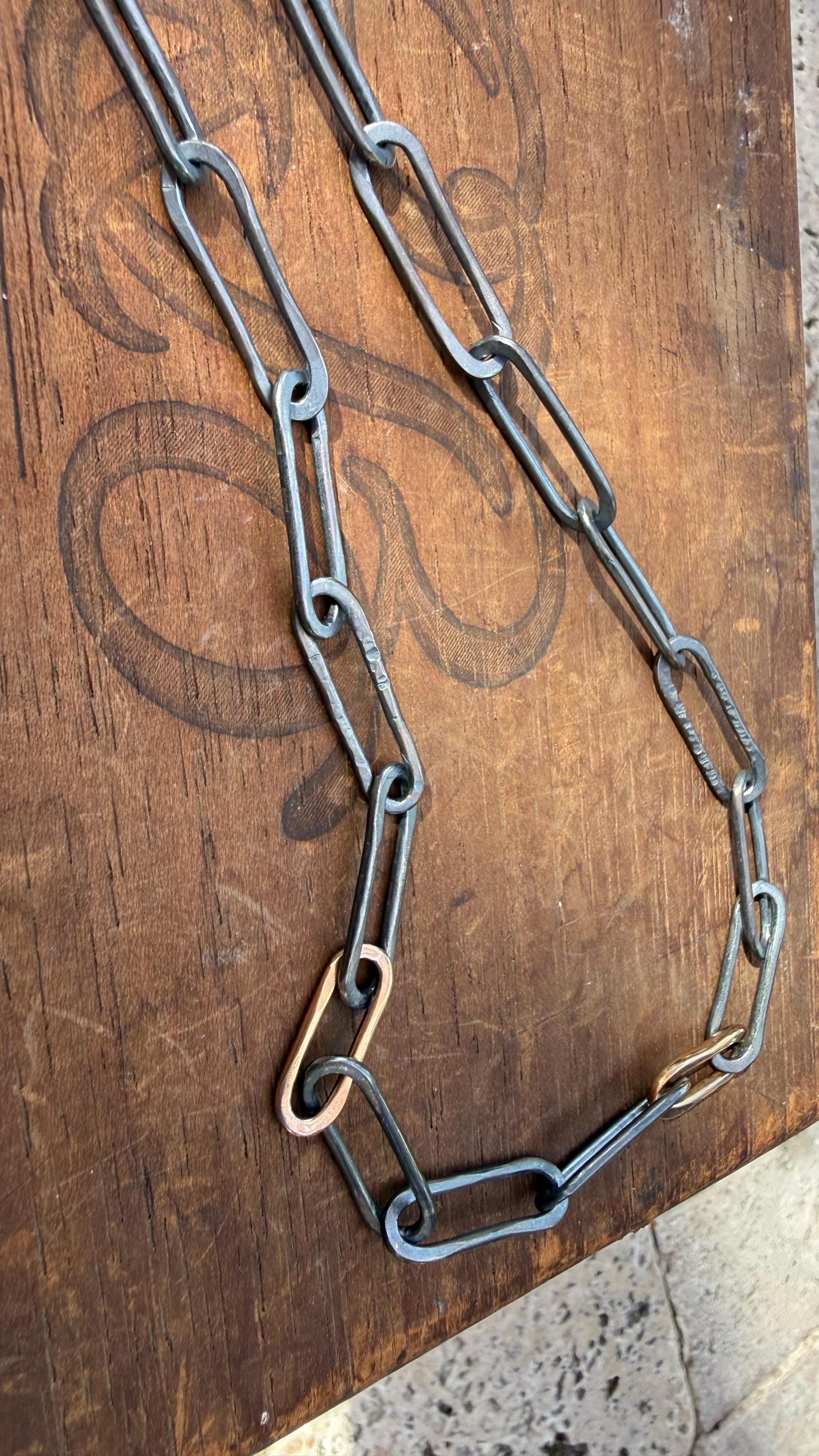 Hand-Formed Blackened Sterling Silver & 14k Gold Filled Paperclip Link Necklace, 23”