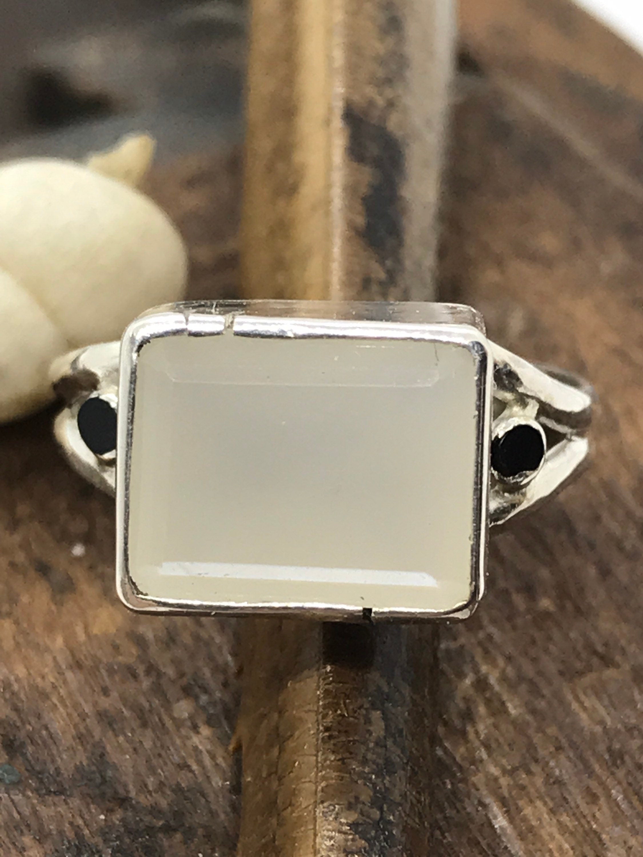 Emerald Cut CHALCEDONY with Spinel Sidelights in sterling silver, handmade with estate gems (earth friendly)