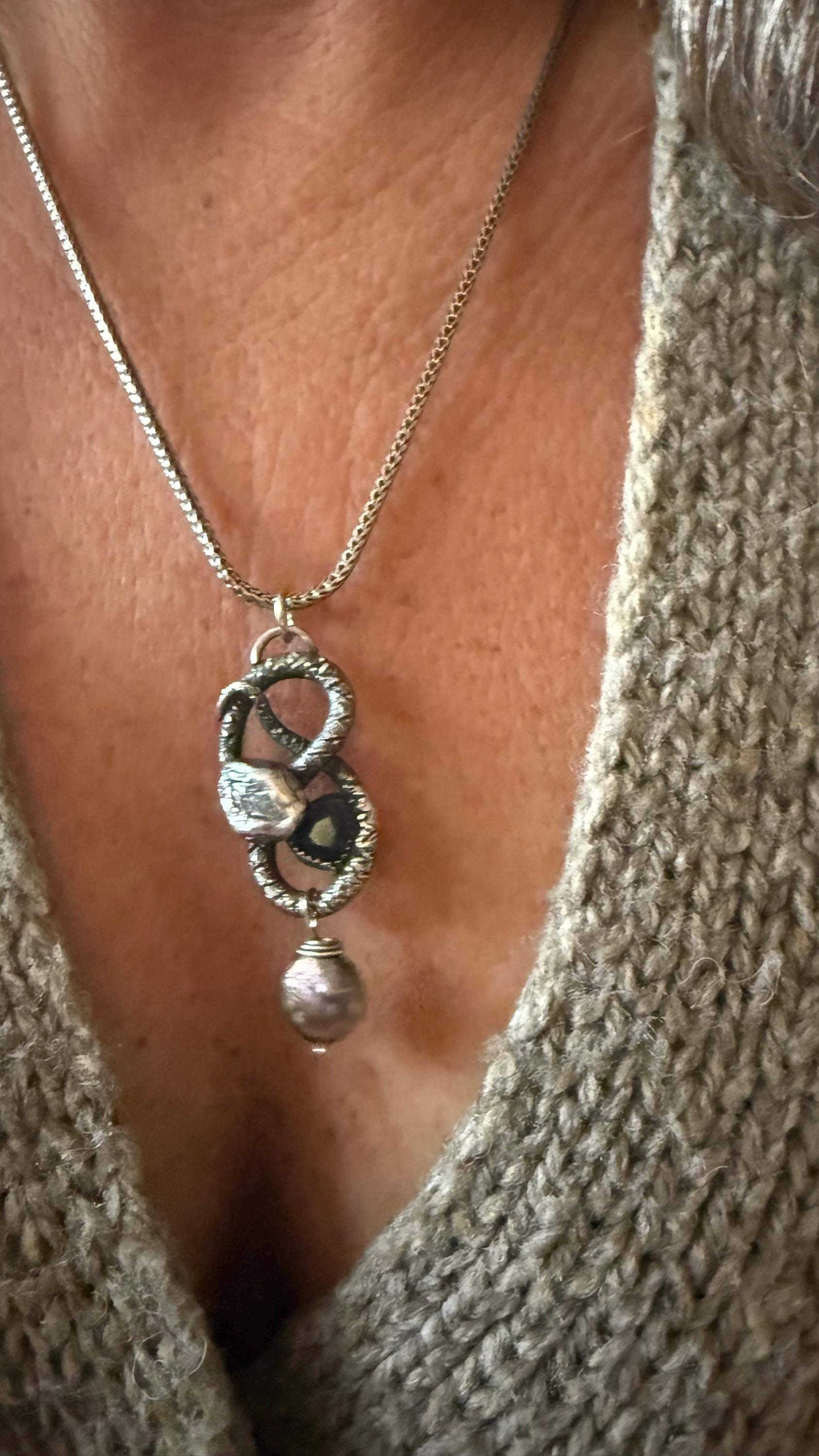 Hand-Sculpted Fine Silver Snake Pendant: Blue Tourmaline & Pearl, Sterling Chain