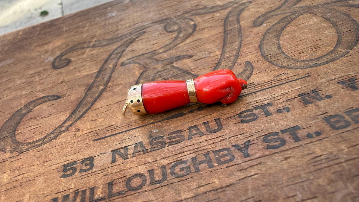 Antique Italian Coral Figa Charm with 14k Gold Amulet Pendant