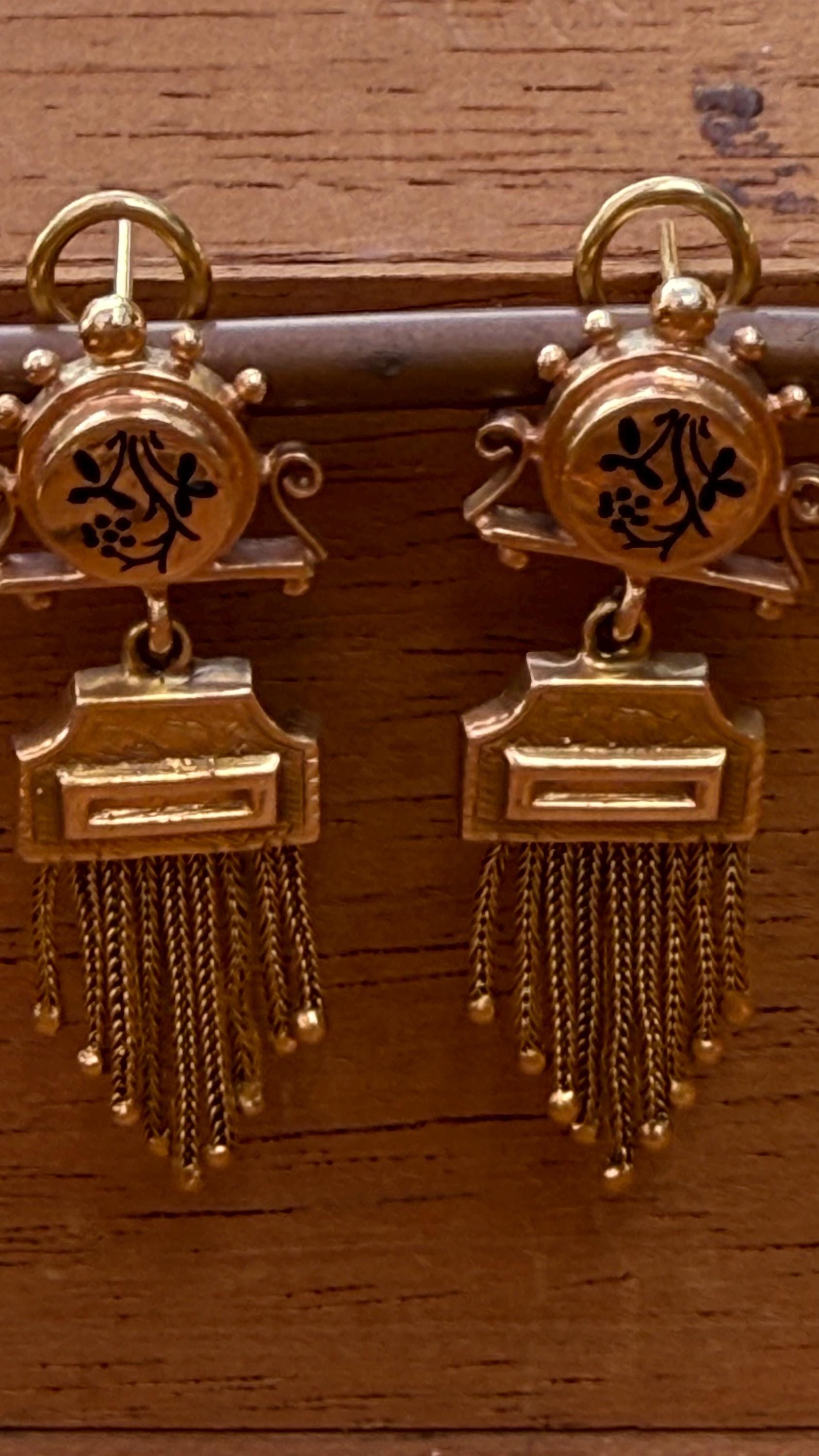 Antique Earrings Victorian Tassle with Black Enamel and 14K Yellow Gold
