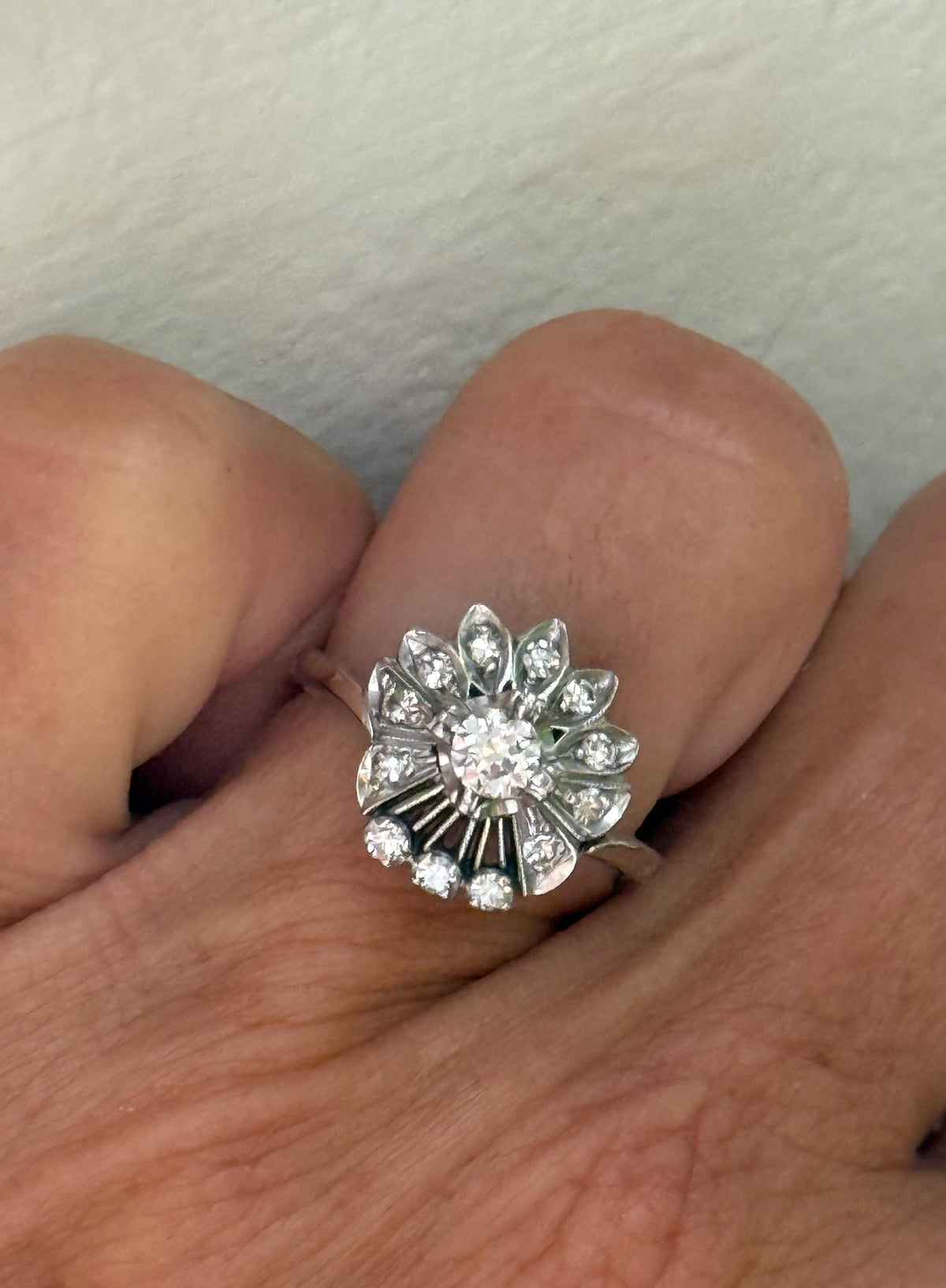 Antique Midcentury Cluster Flower Ring, Natural Diamonds, size 7. 1960’s