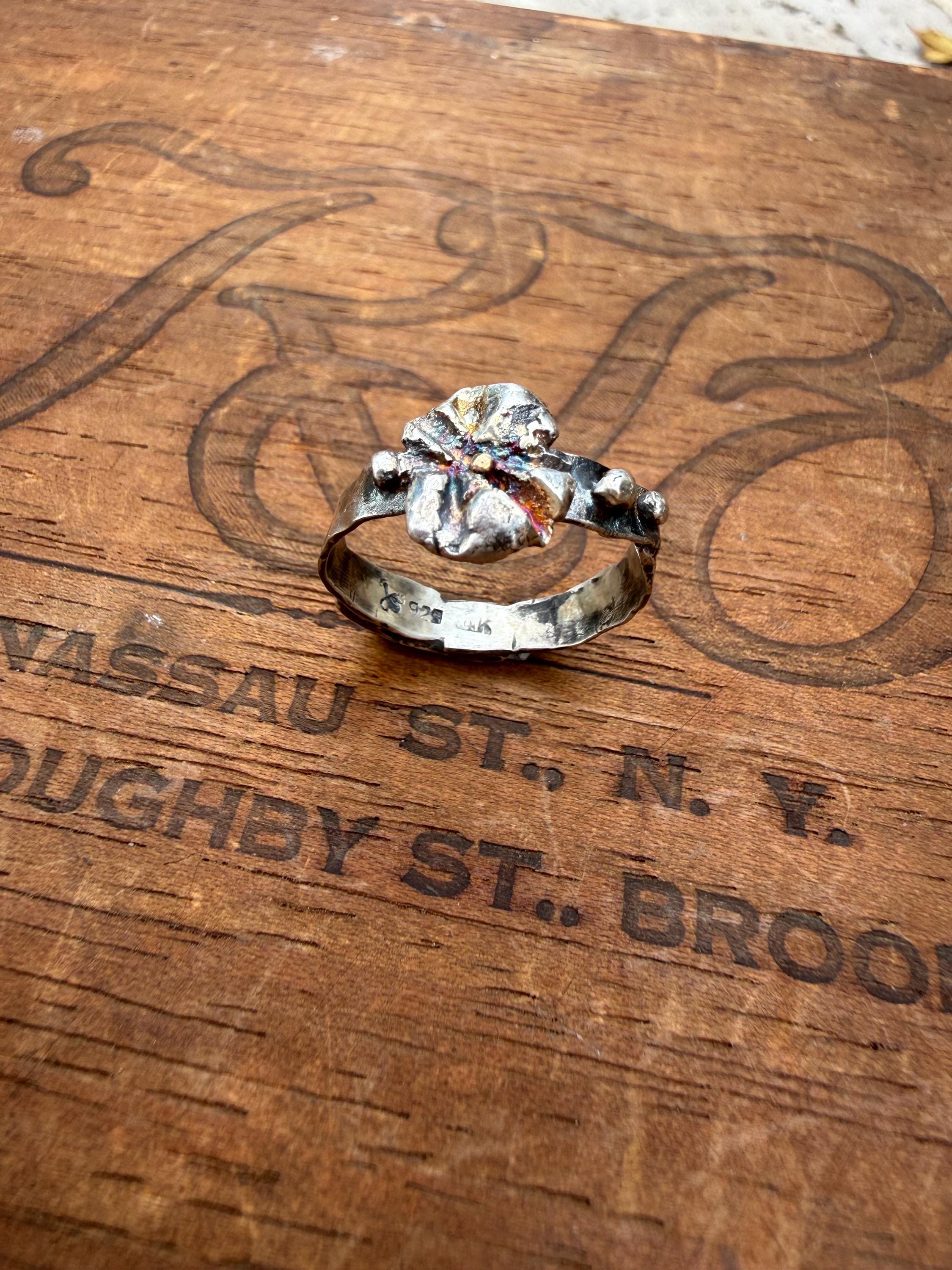 Fused Sterling Silver & Recycled 14K Gold Flower Ring, size 8 1/2