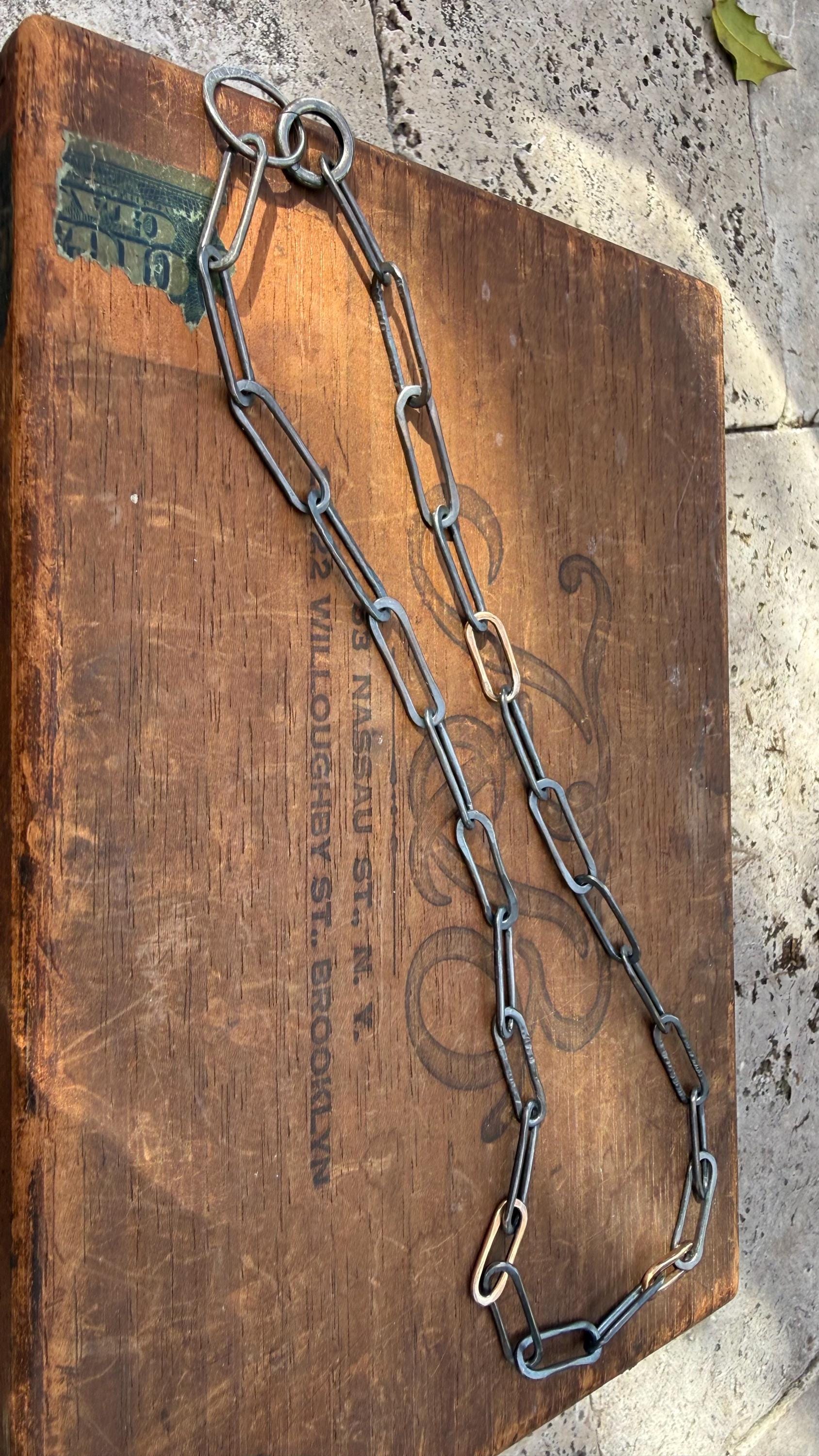 Hand-Formed Blackened Sterling Silver & 14k Gold Filled Paperclip Link Necklace, 23”