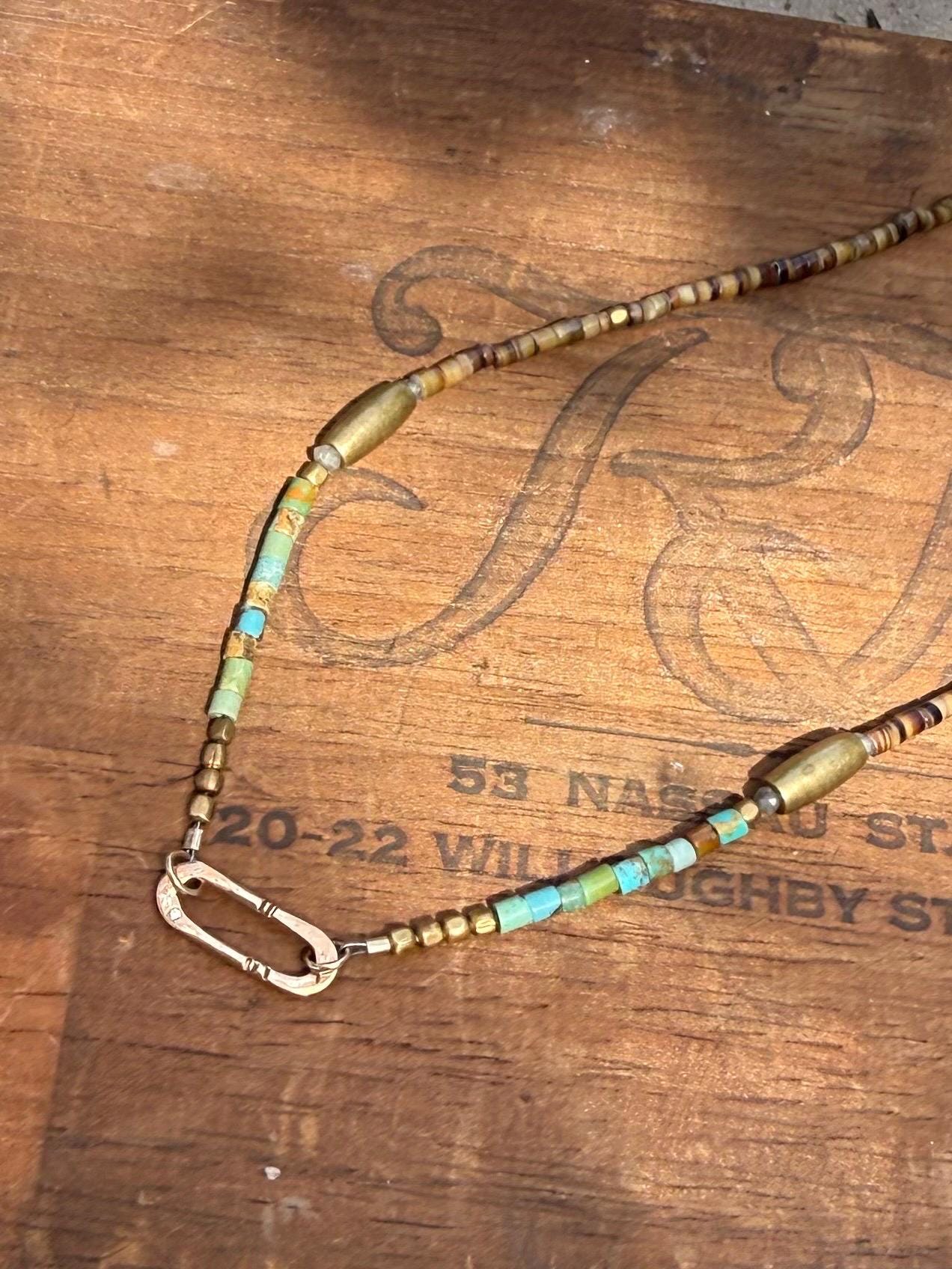Gypsy Necklace with Turquoise, Shell & Brass Beads with Hand Formed 14kgf Link and Tiny Diamond, 22” 14kgf chain