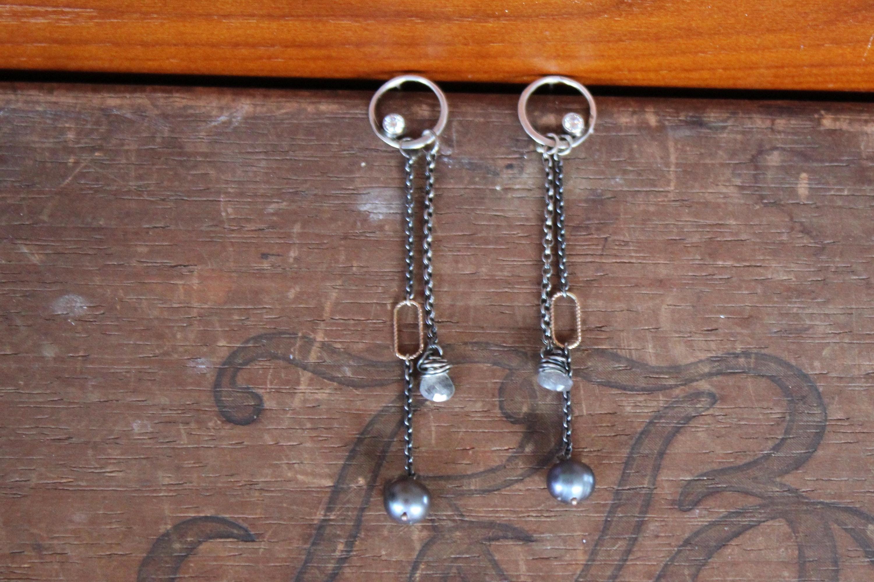 Hand-Forged Sterling Silver Earrings: Diamond, Black Pearl & Labradorite