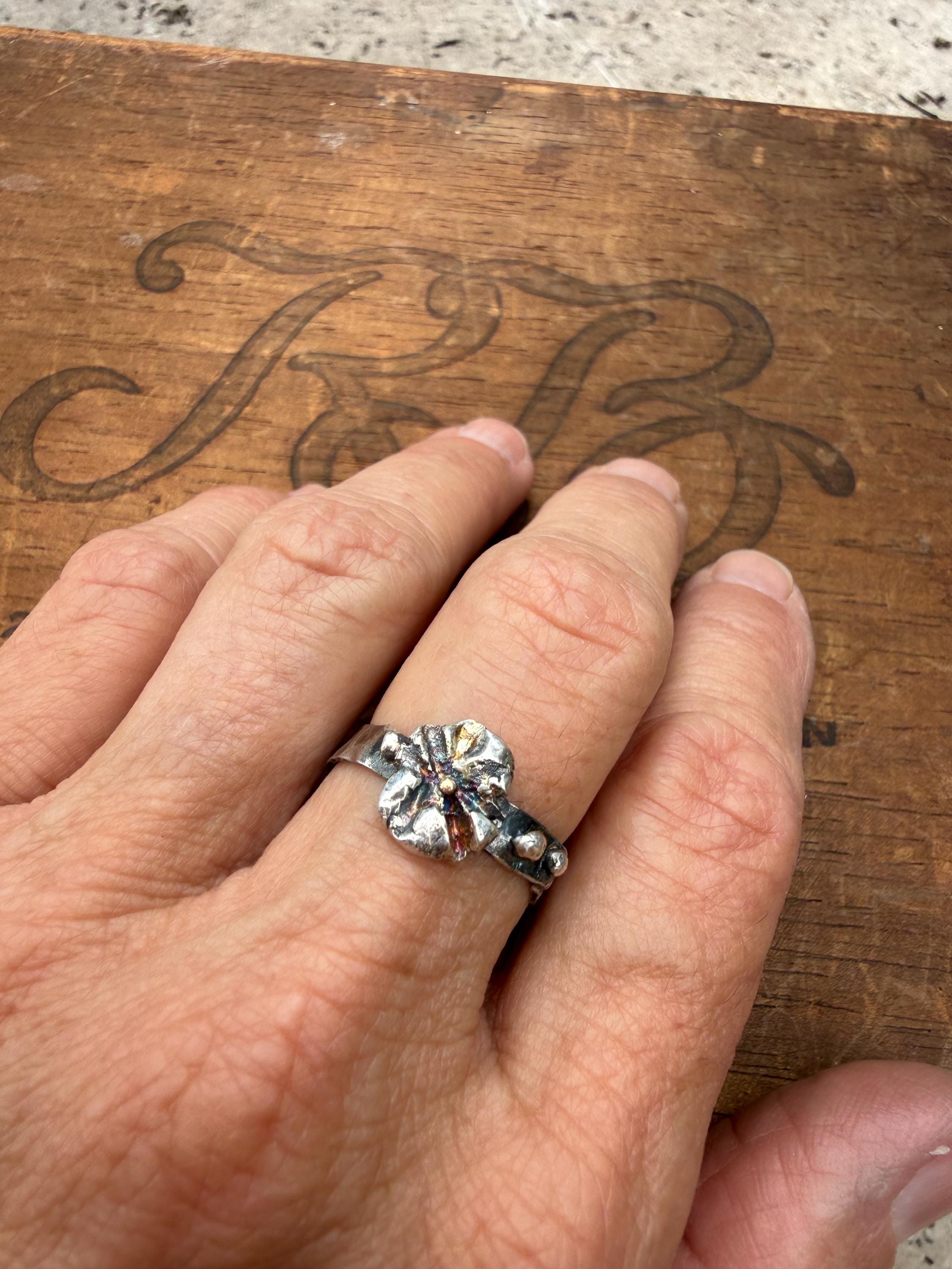 Fused Sterling Silver & Recycled 14K Gold Flower Ring, size 8 1/2